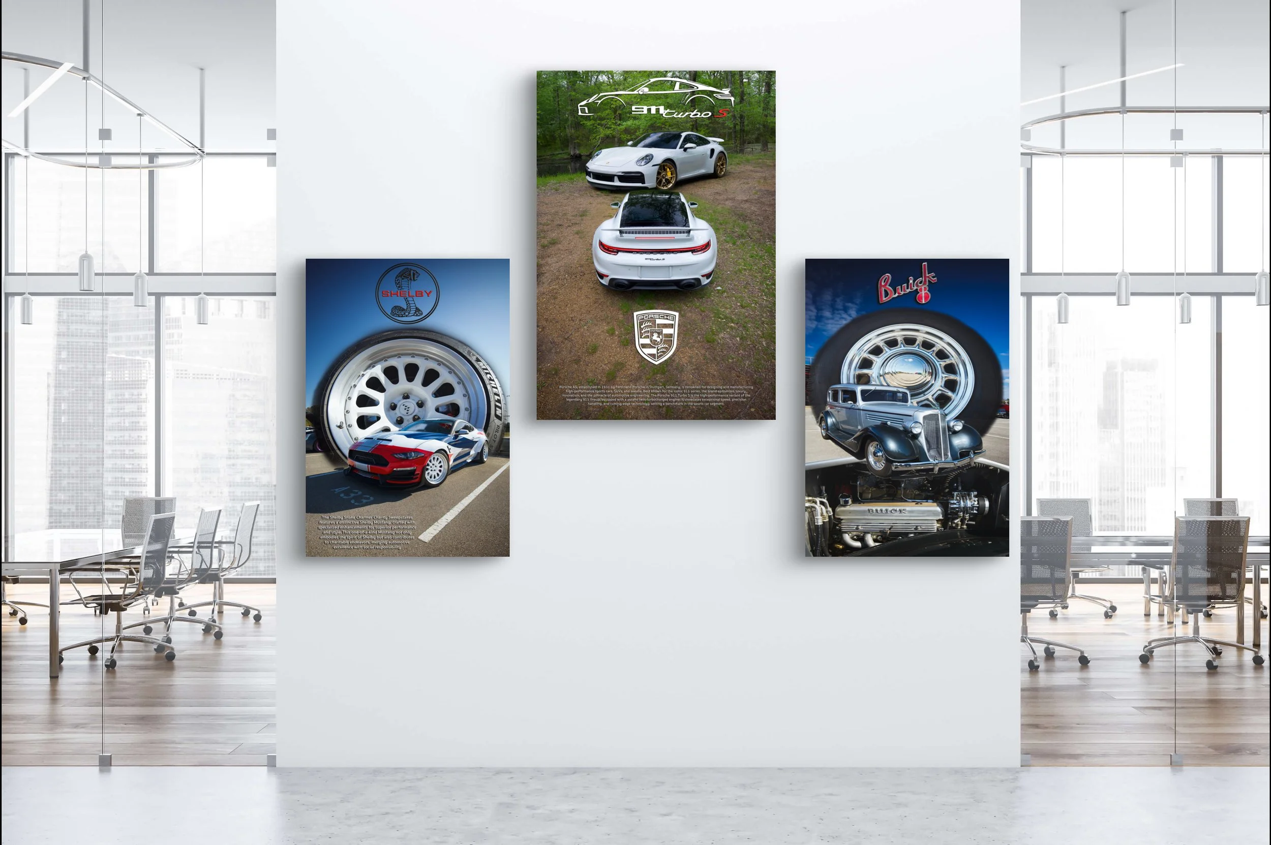 Gallery wall featuring images of high-performance cars and automotive brands, including Porsche, Shelby, and Buick, displayed in a modern office space with large windows and glass walls.