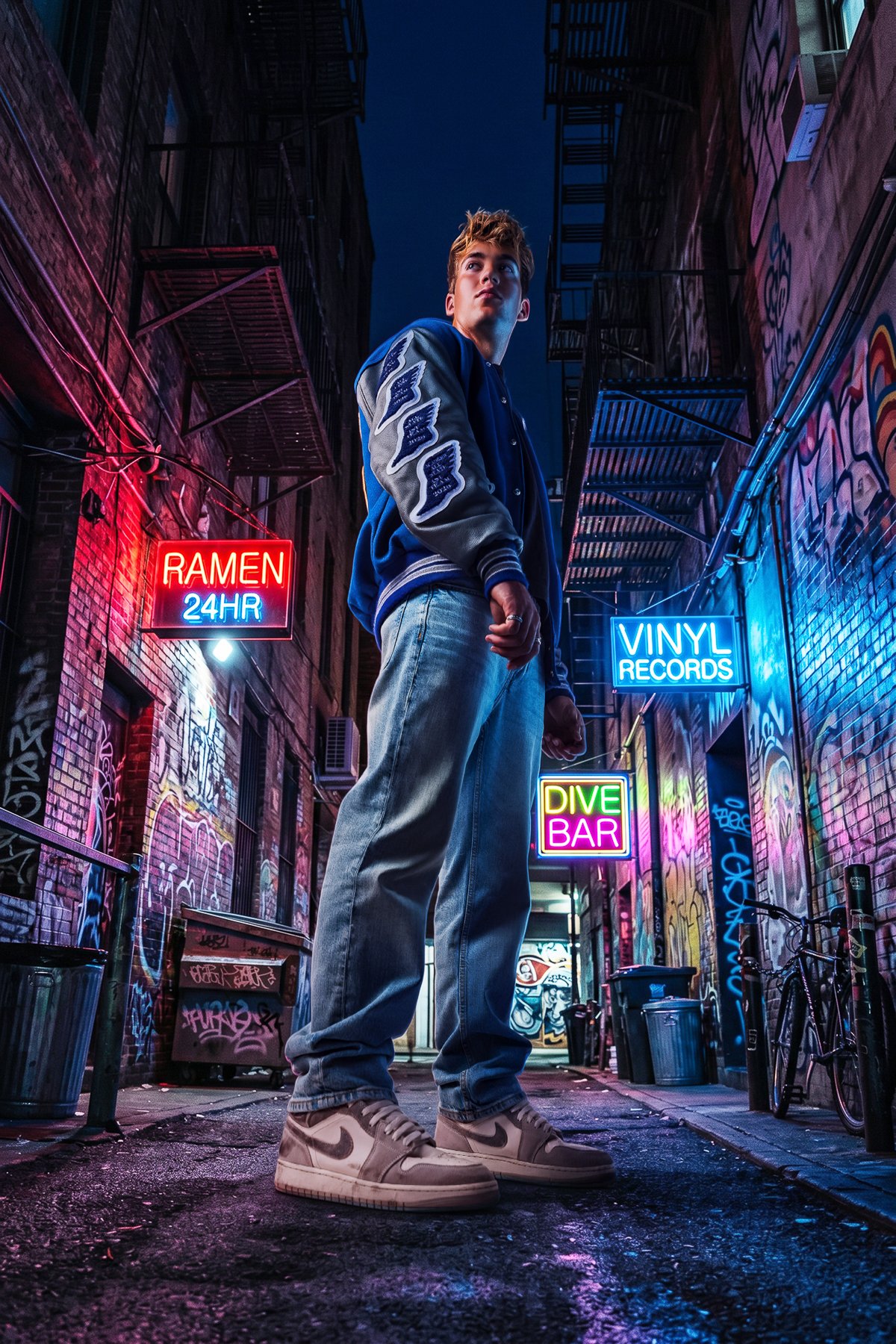 Young man in a blue jacket and jeans standing in an alleyway at night, illuminated by neon signs that read 'RAMEN 24HR', 'VINYL RECORDS', and 'DIVE BAR', with graffiti-covered walls and metal fire escapes.