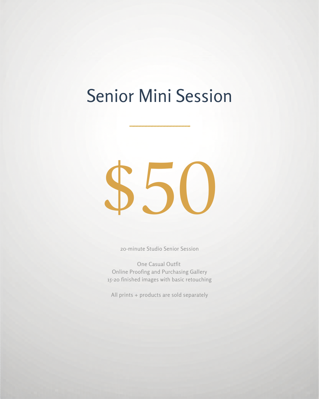 Pricing information for a senior mini photo session costing $50, includes details about session length, outfit, online gallery, and image delivery
