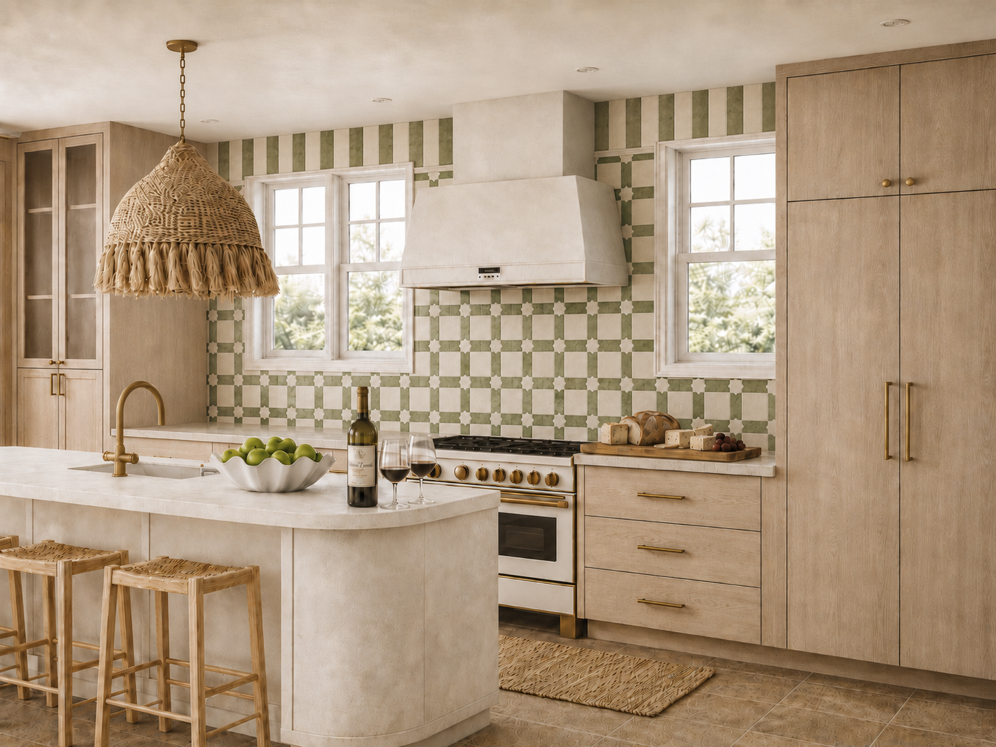Bright kitchen with wooden cabinets, a white island with a bowl of green apples, bottle of wine, two glasses, and bar stools; green and white patterned backsplash, white range hood, and two windows showing greenery outside.