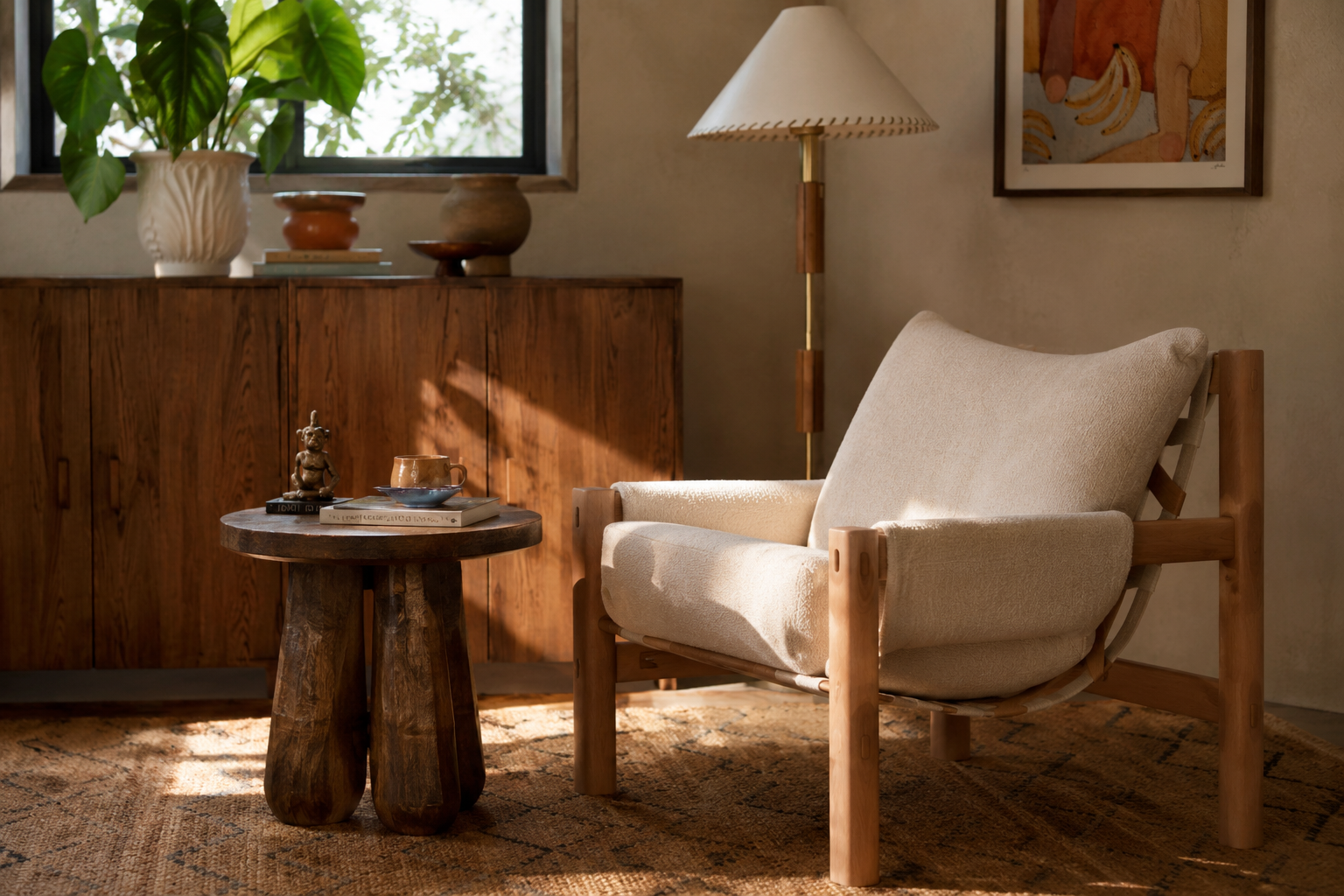 Cozy living room corner with a beige armchair, wooden side table with coffee cup and decorative items, wooden cabinet, potted plant, and framed artwork, illuminated by natural sunlight.