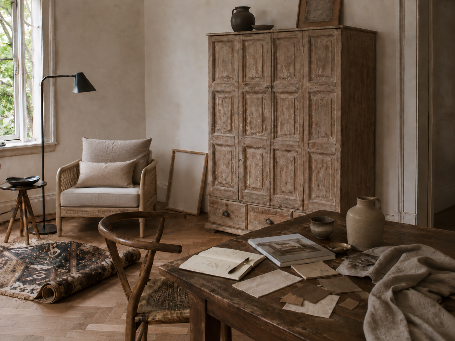 A lived-in room with collected furniture and personal objects being thoughtfully rearranged.