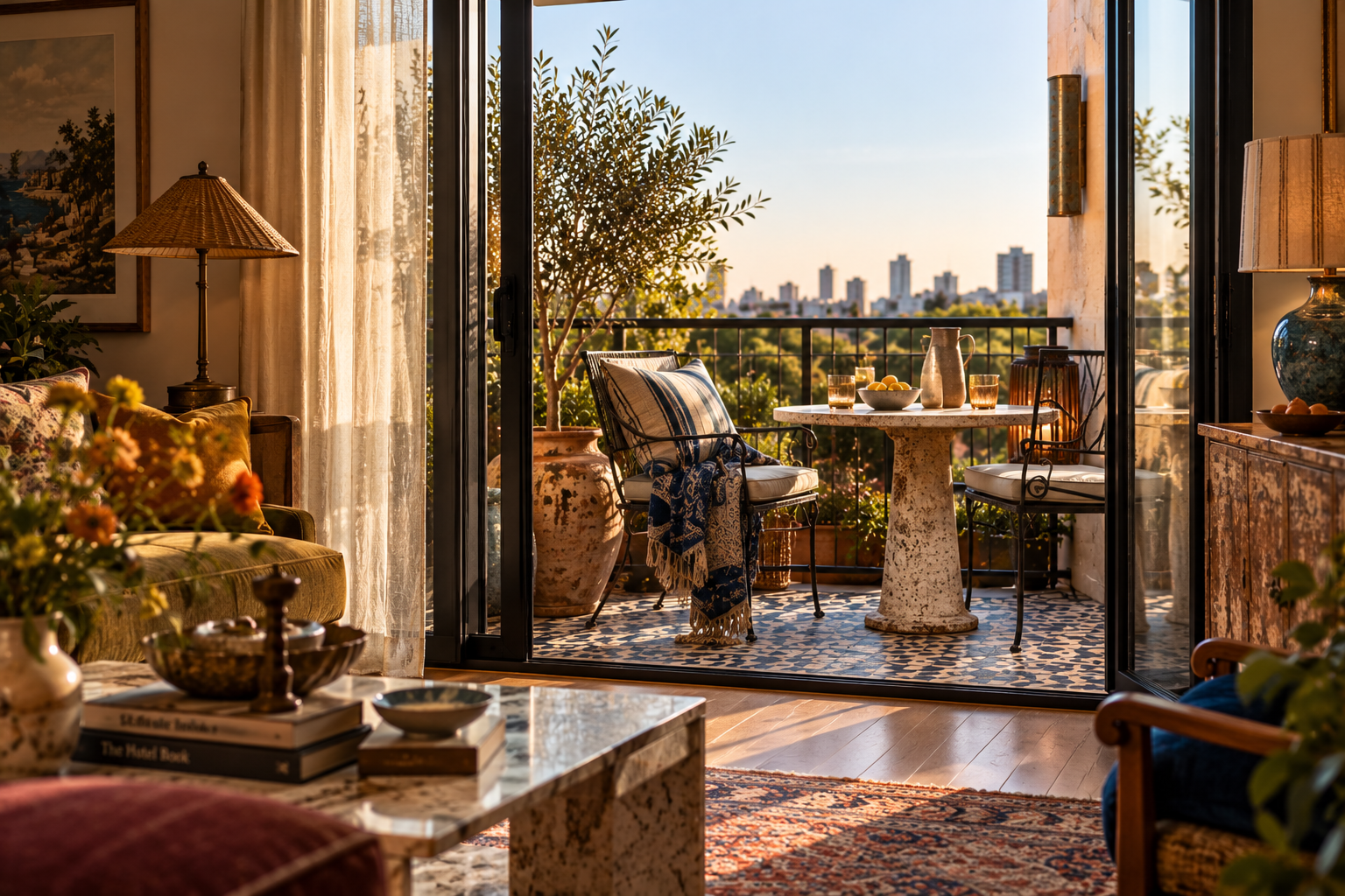 View from a living room through open glass doors to a balcony with a mosaic tile floor, bistro table and potted olive tree