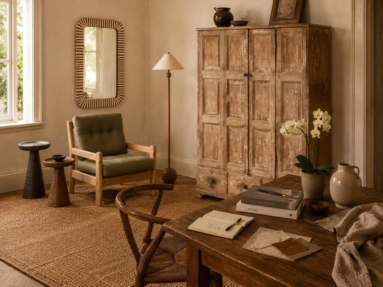 An inherited timber cabinet given new relevance beside contemporary artwork and collected objects.‍