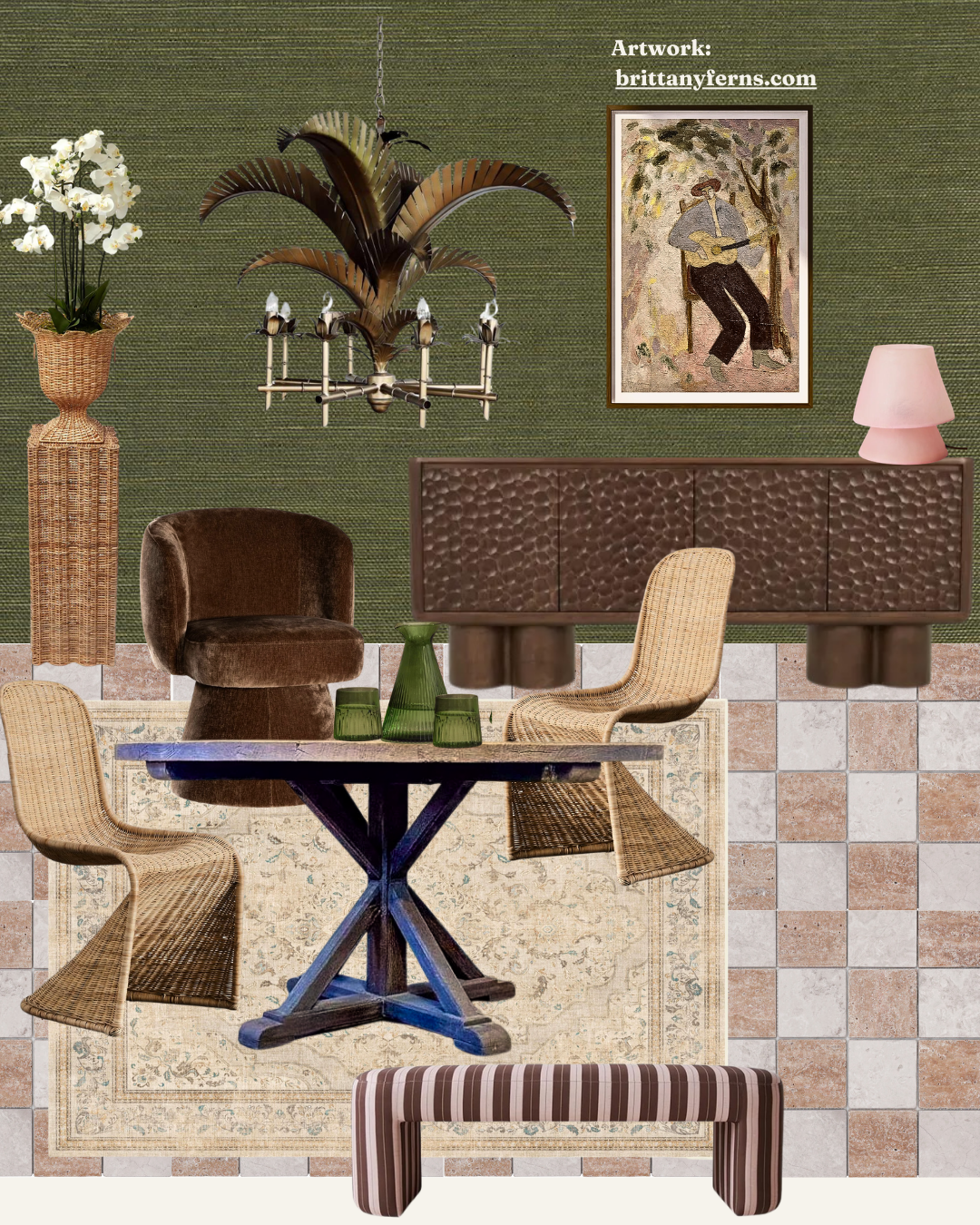 Dining room mood board featuring the Sandalwood Round Dining Table from Marigold Interiors