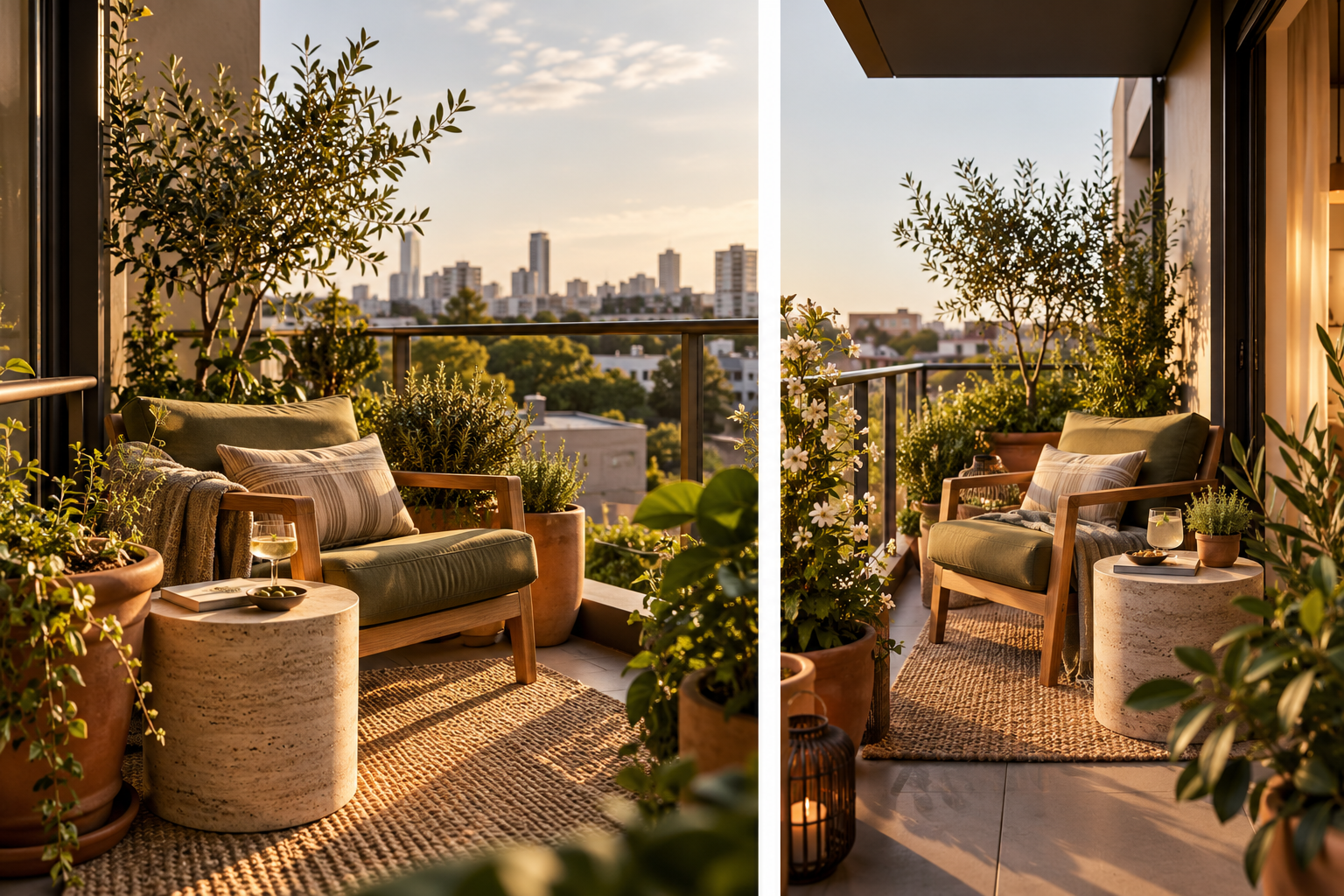 wo views of a small balcony design concept with a green armchair, travertine side table, olive trees and a jute rug.