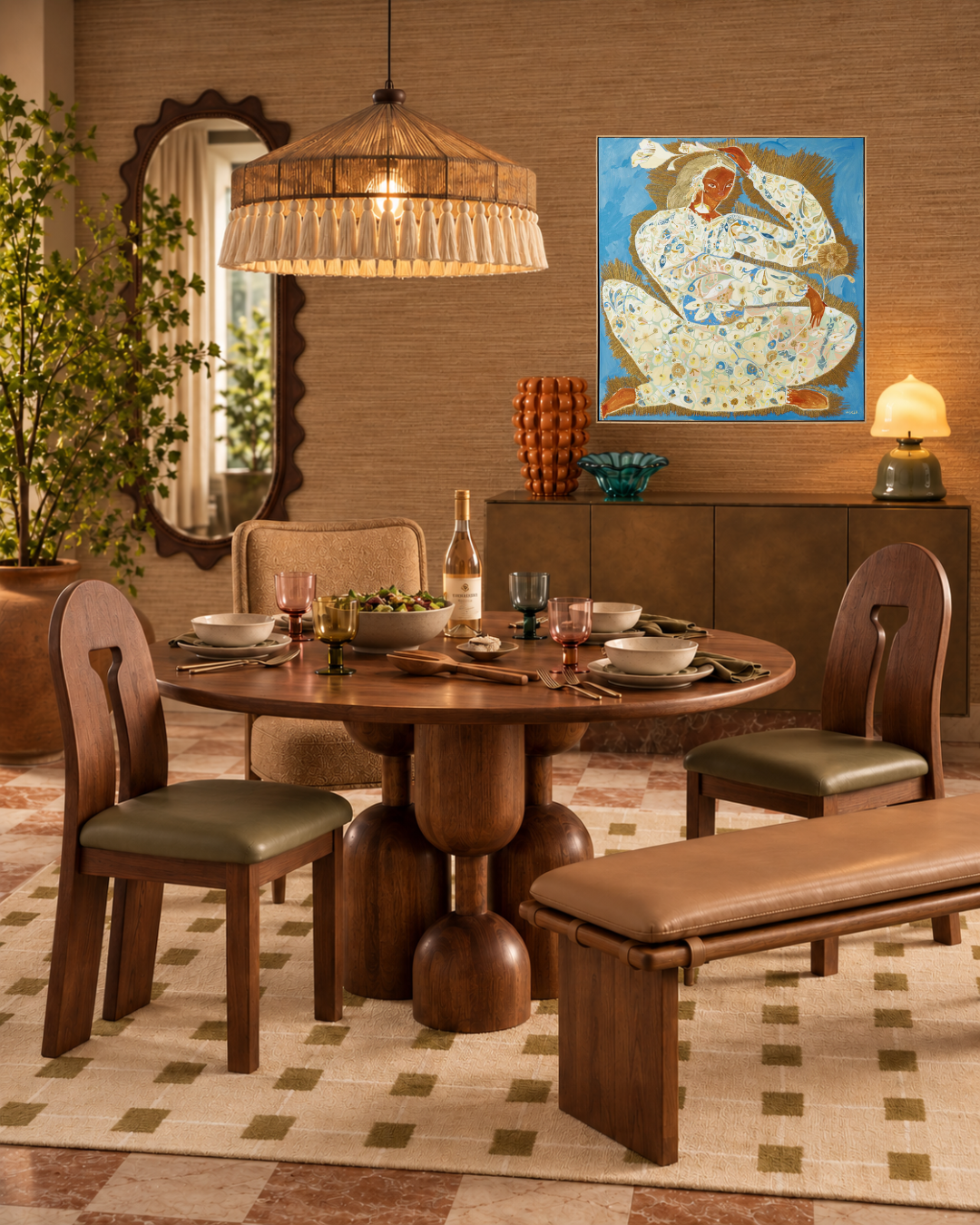 Characterful dining room with an oval dining table and space for circulation around the chairs.