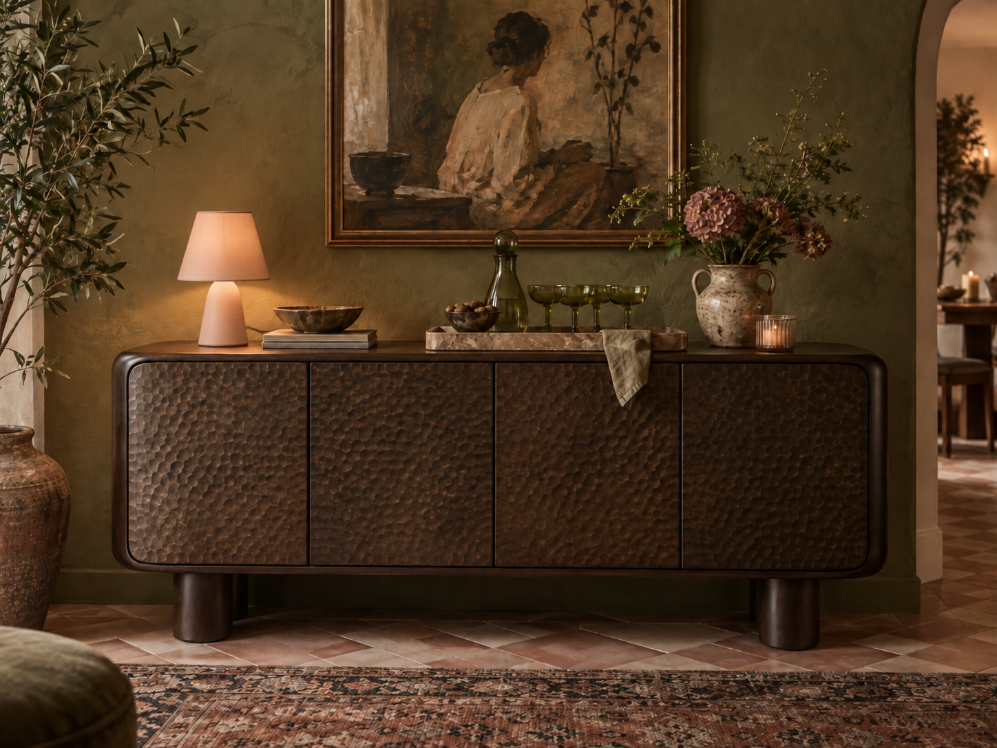 Sideboard and layered lighting styled for spring entertaining at home.