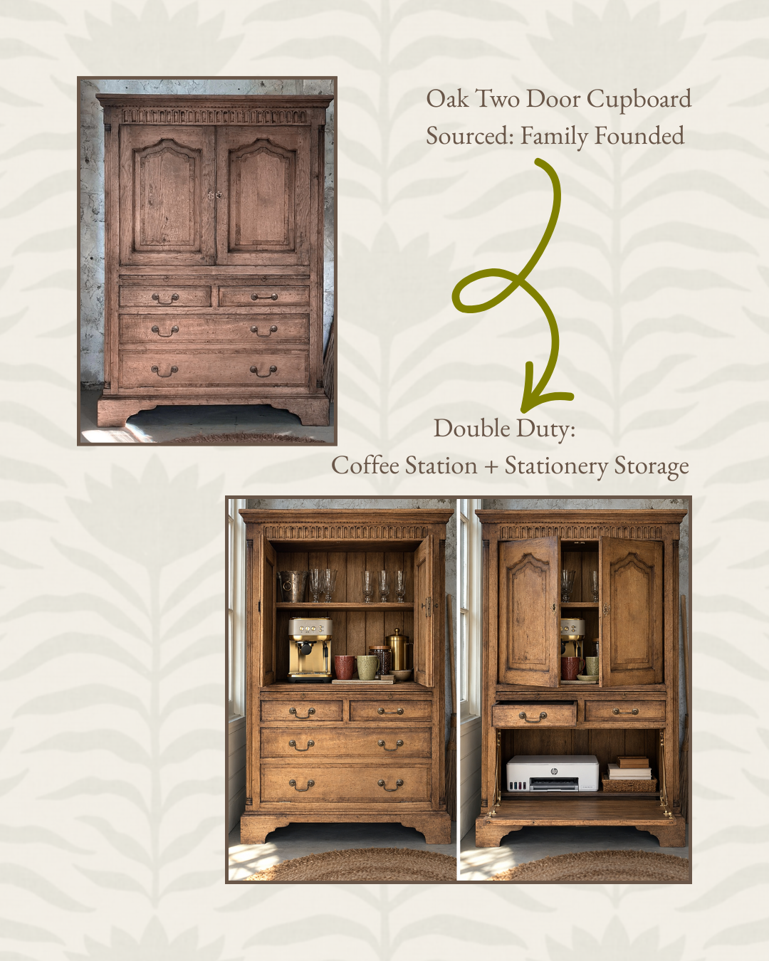 Oak two-door cupboard used in a home office as a coffee station with hidden printer and stationery storage.