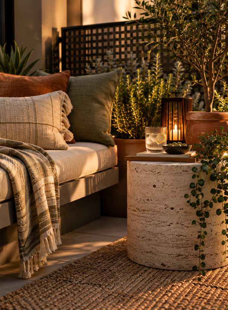 Balcony design concept with a cushioned daybed, dark lattice privacy screen, potted olive tree and travertine side table.