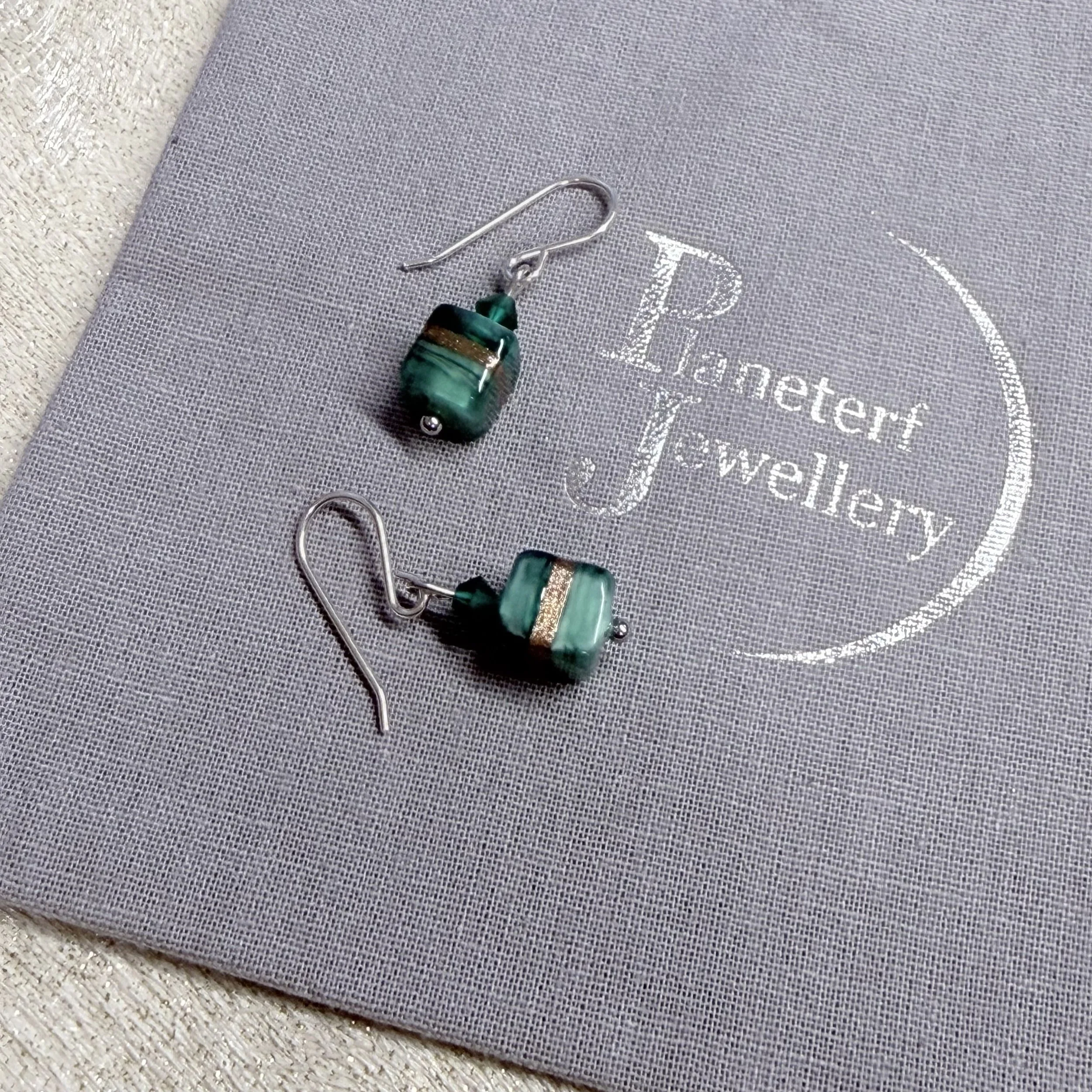 Green Murano cubes on sterling silver earwires