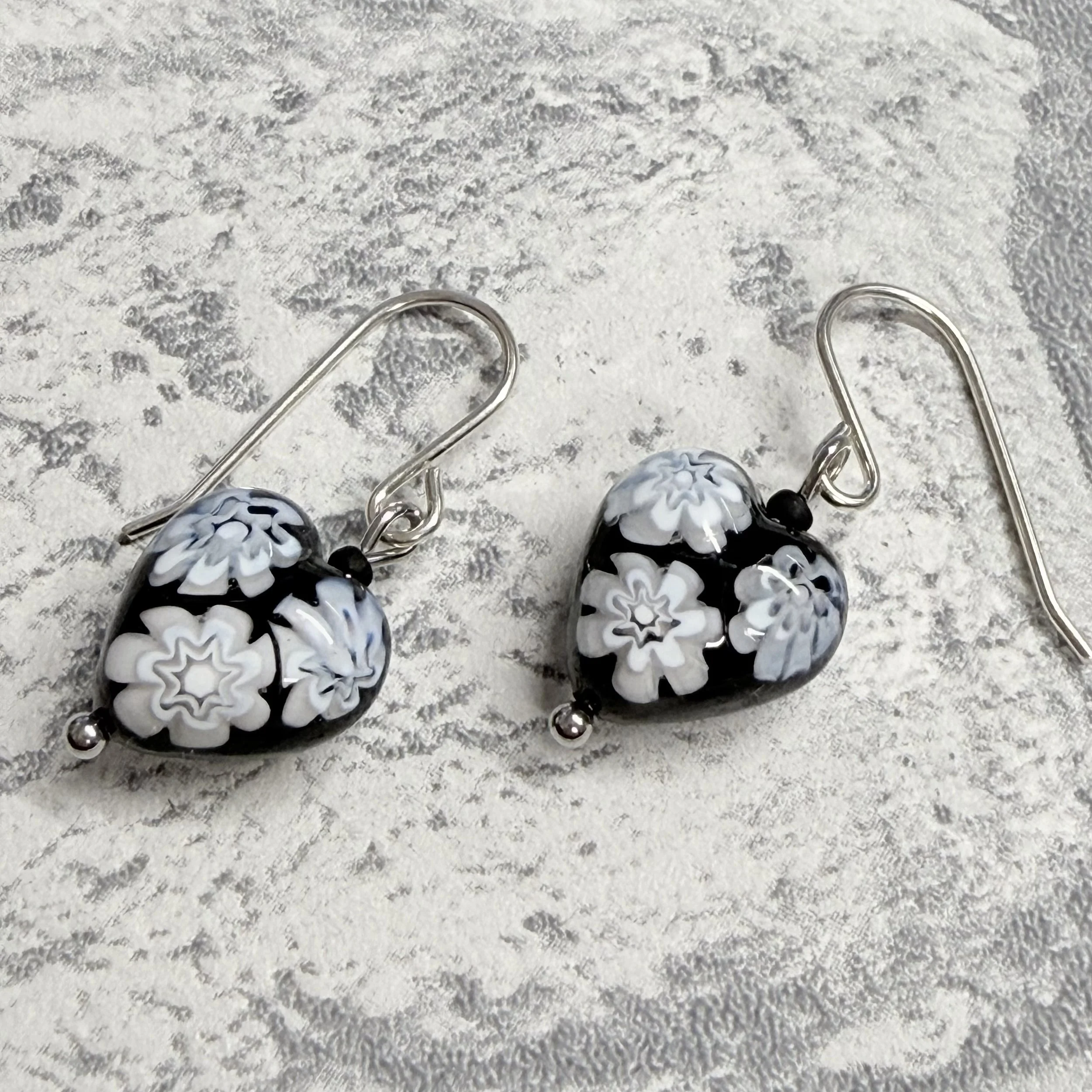 Black & white Murano hearts on sterling silver earwires
