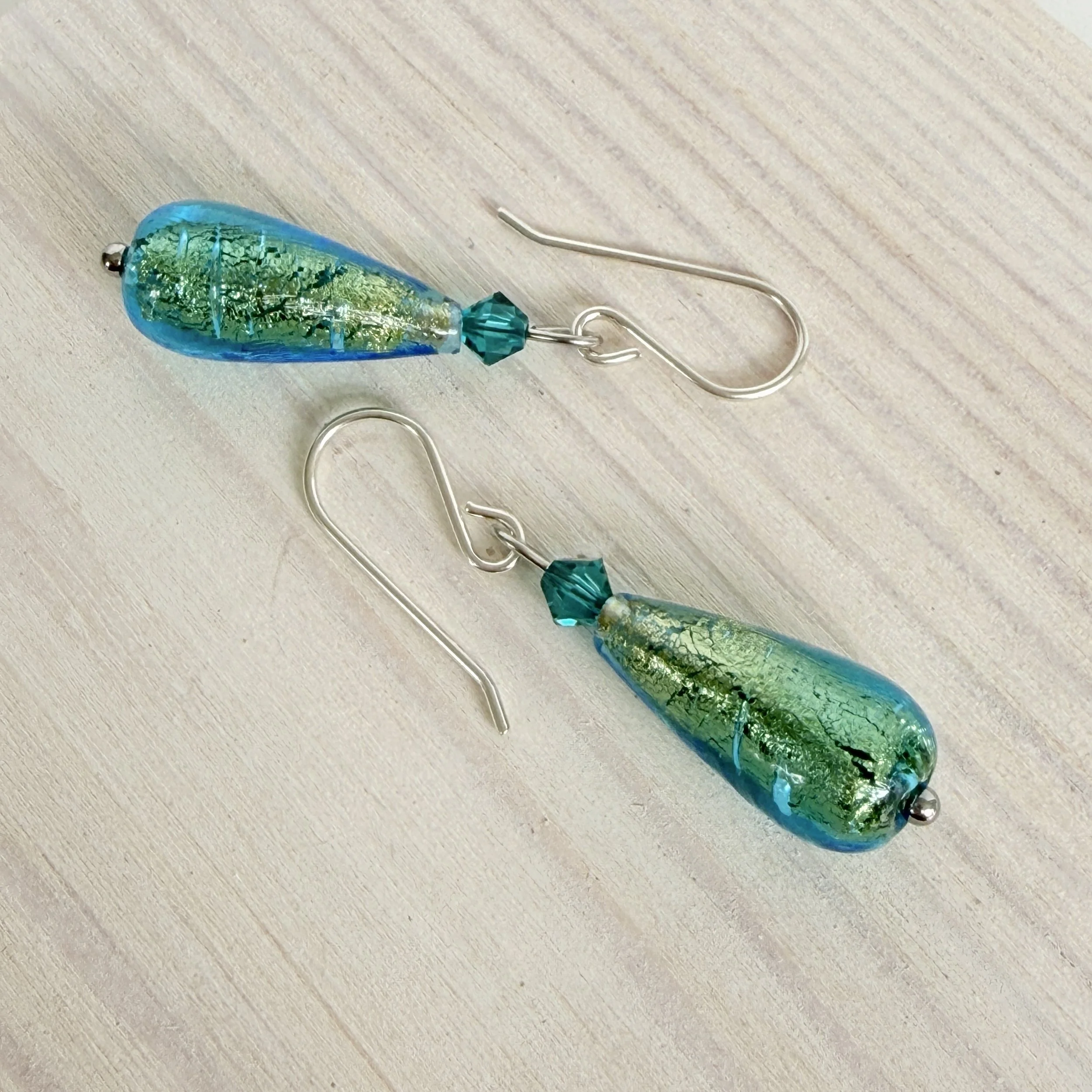 Green-blue Murano teardrops on sterling silver earwires
