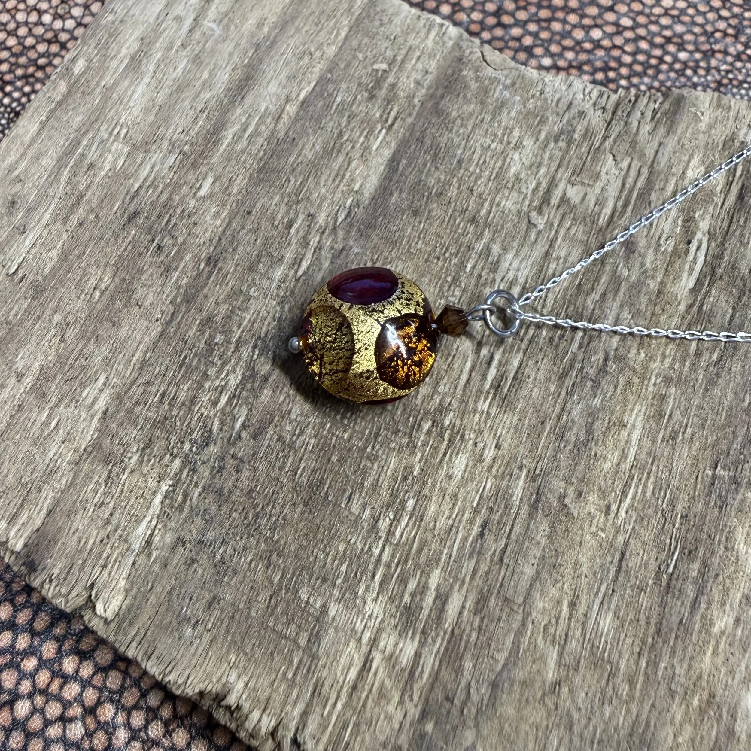 Gold, brown & red Murano glass on sterling silver chain