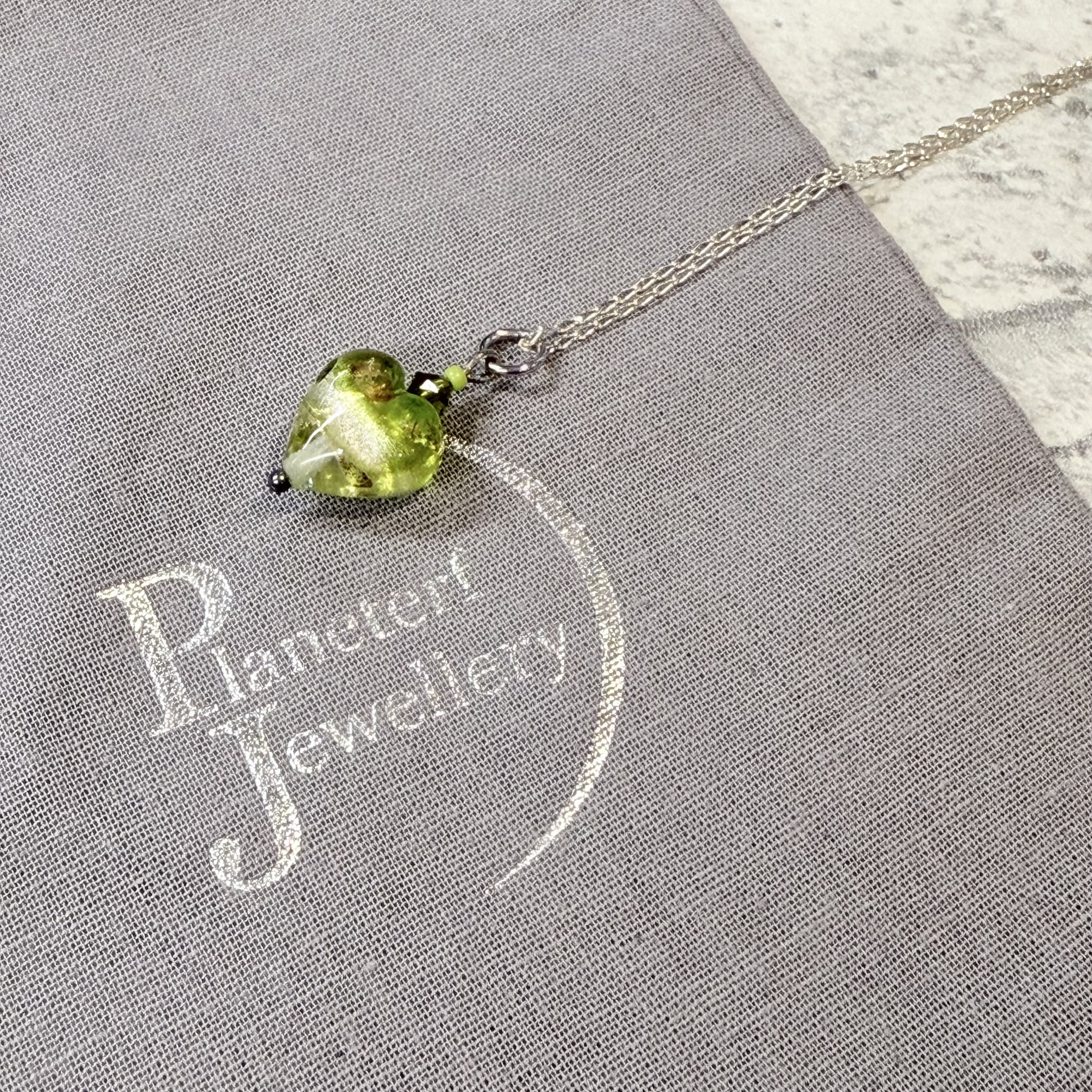 Green Murano heart on sterling silver chain