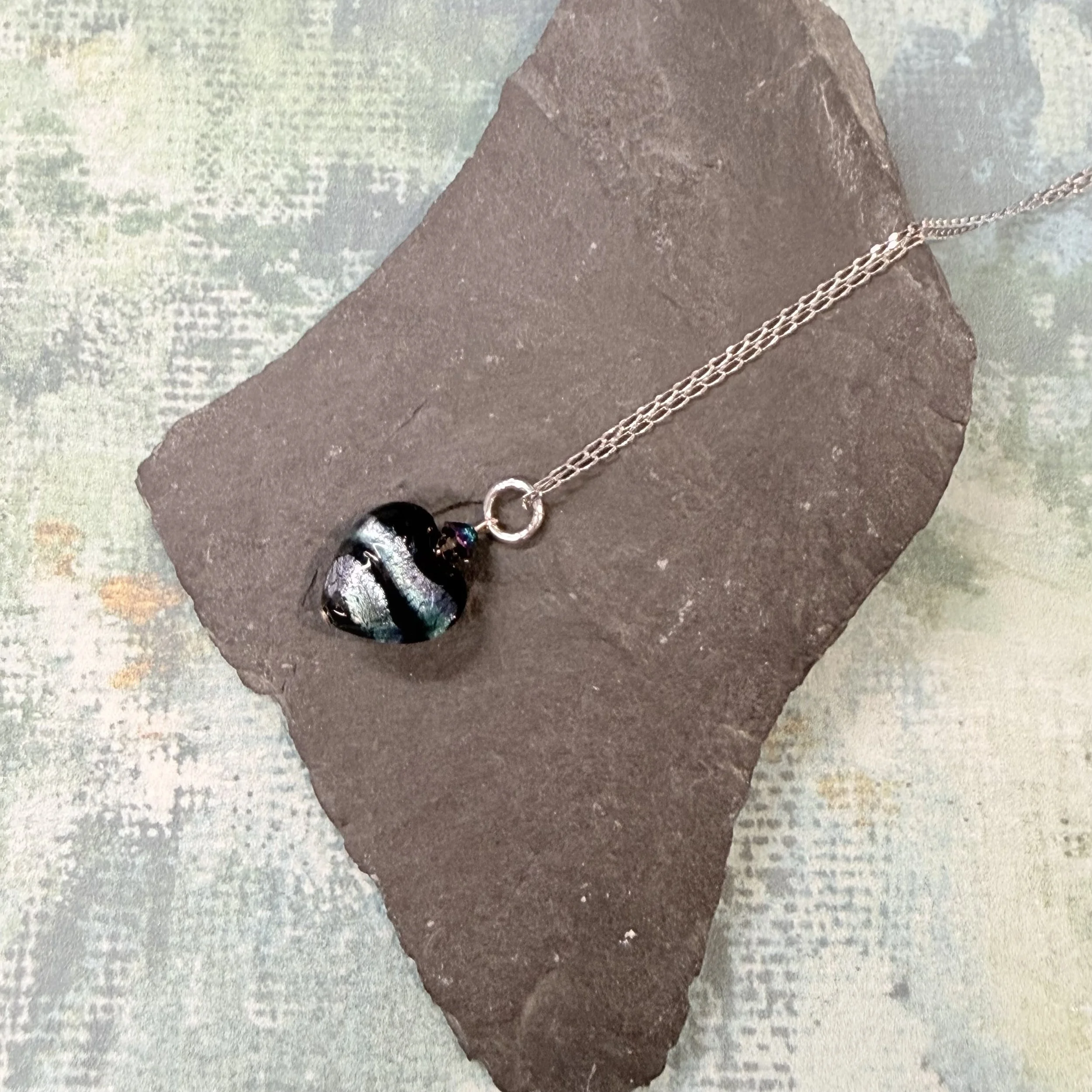 Black Murano heart on sterling silver chain