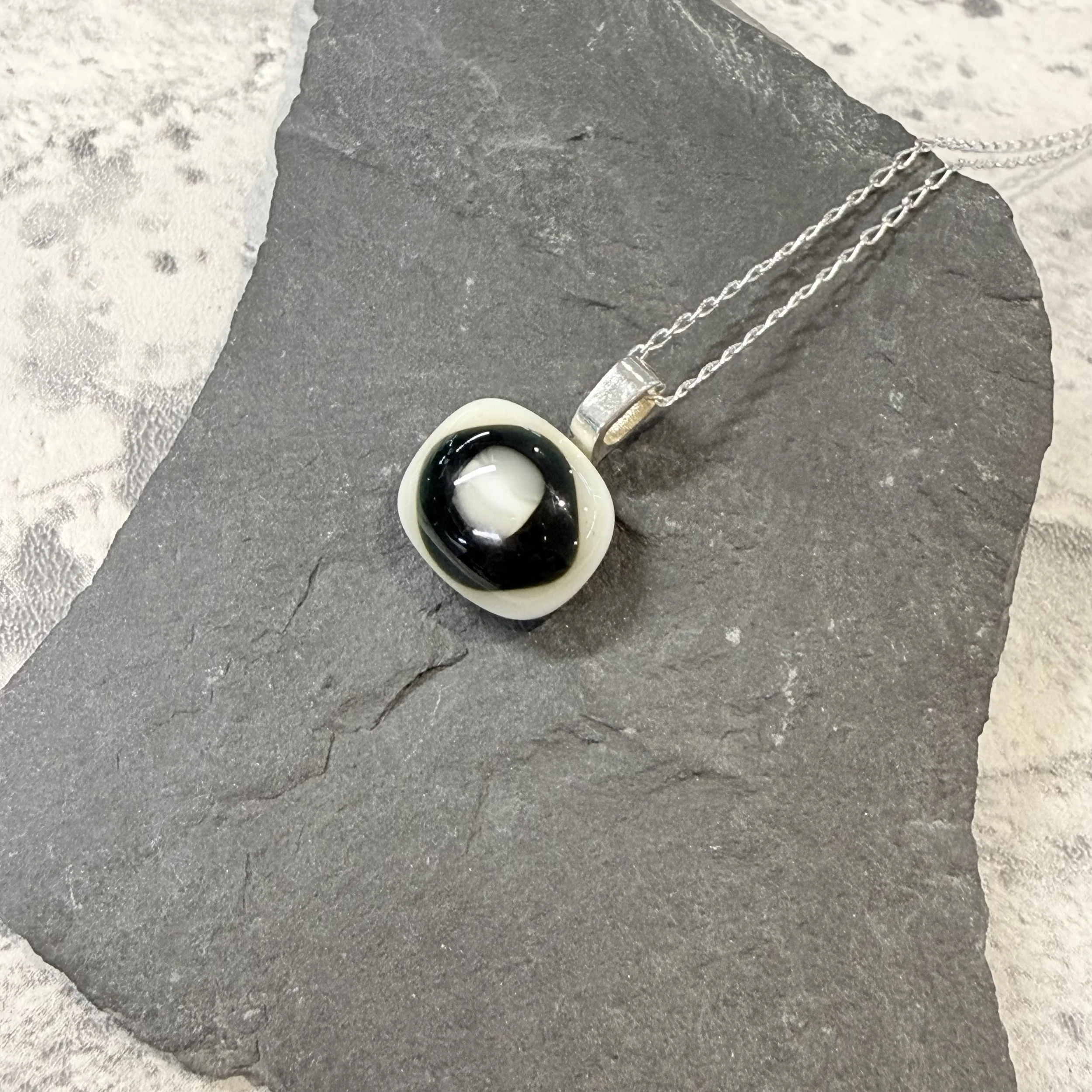 Black & cream fused glass pendant on sterling silver chain