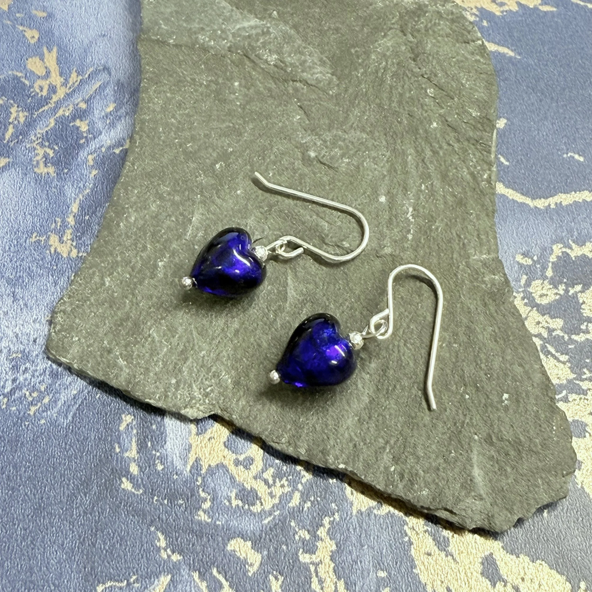 Deep blue Murano hearts on sterling silver earwires