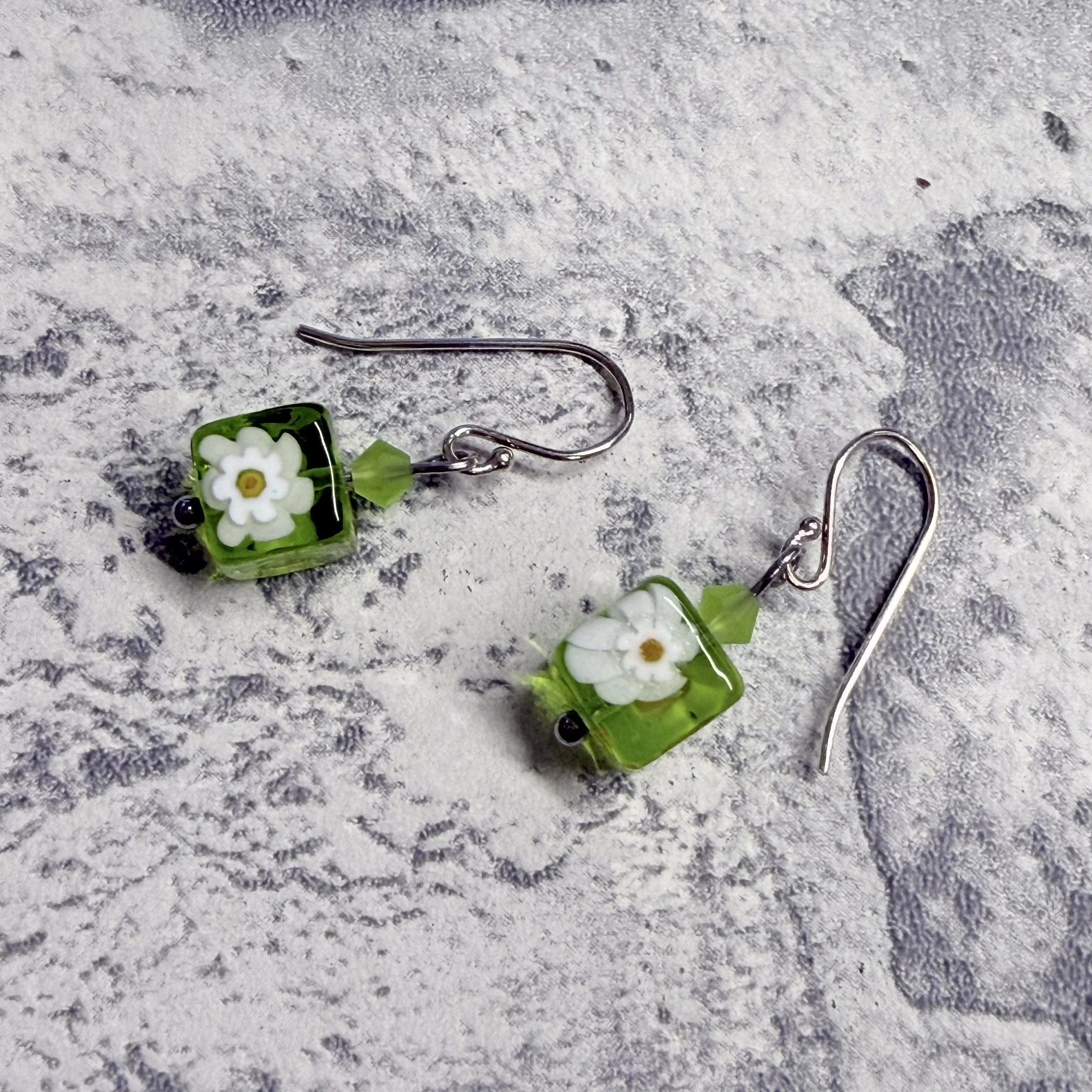 Green Murano cubes on sterling silver earwires