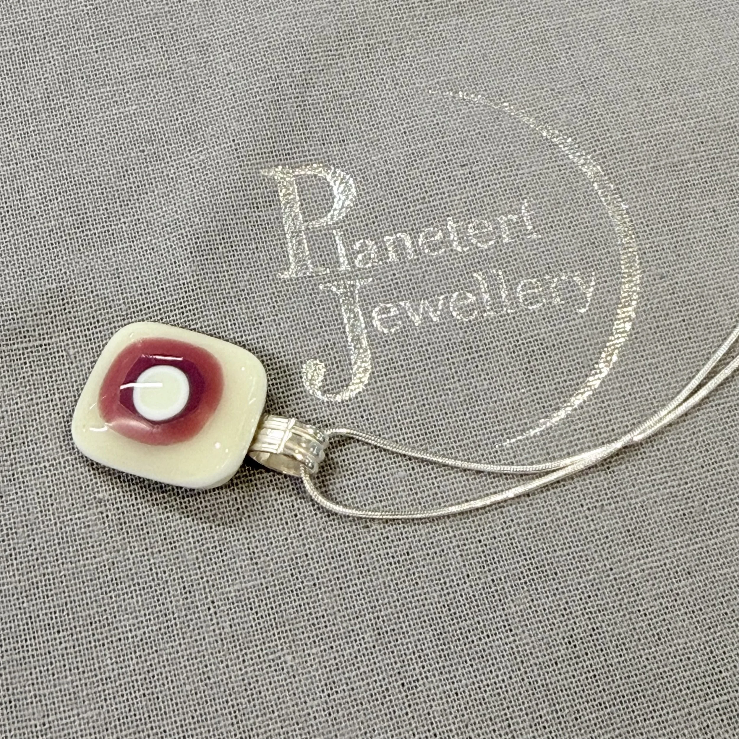 Cream & pink fused glass pendant on sterling silver chain