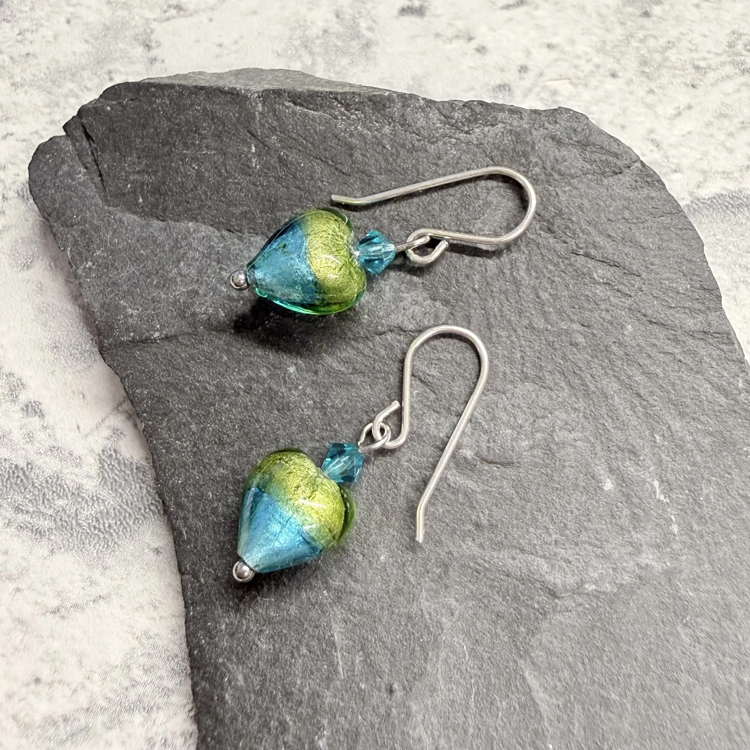 Blue & green Murano hearts on sterling silver earwires