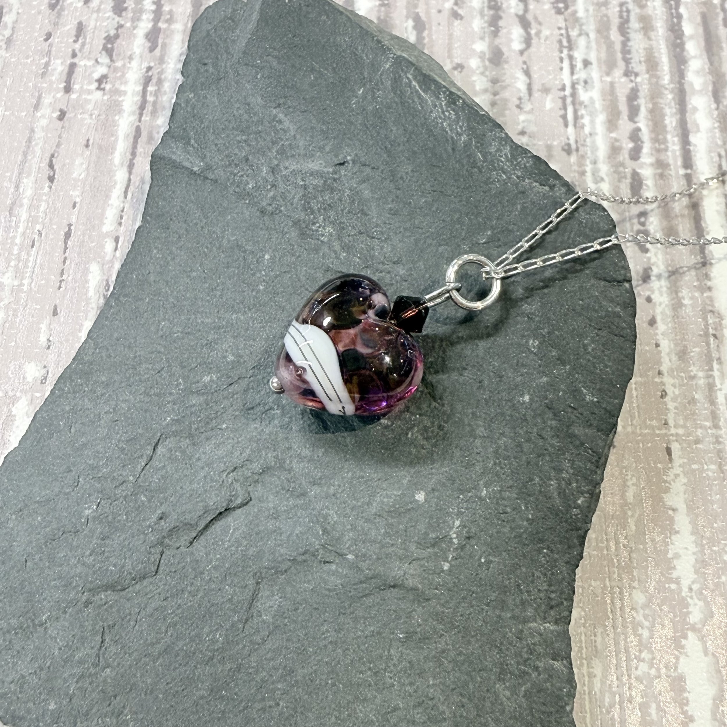 Raspberry lampwork heart on sterling silver chain