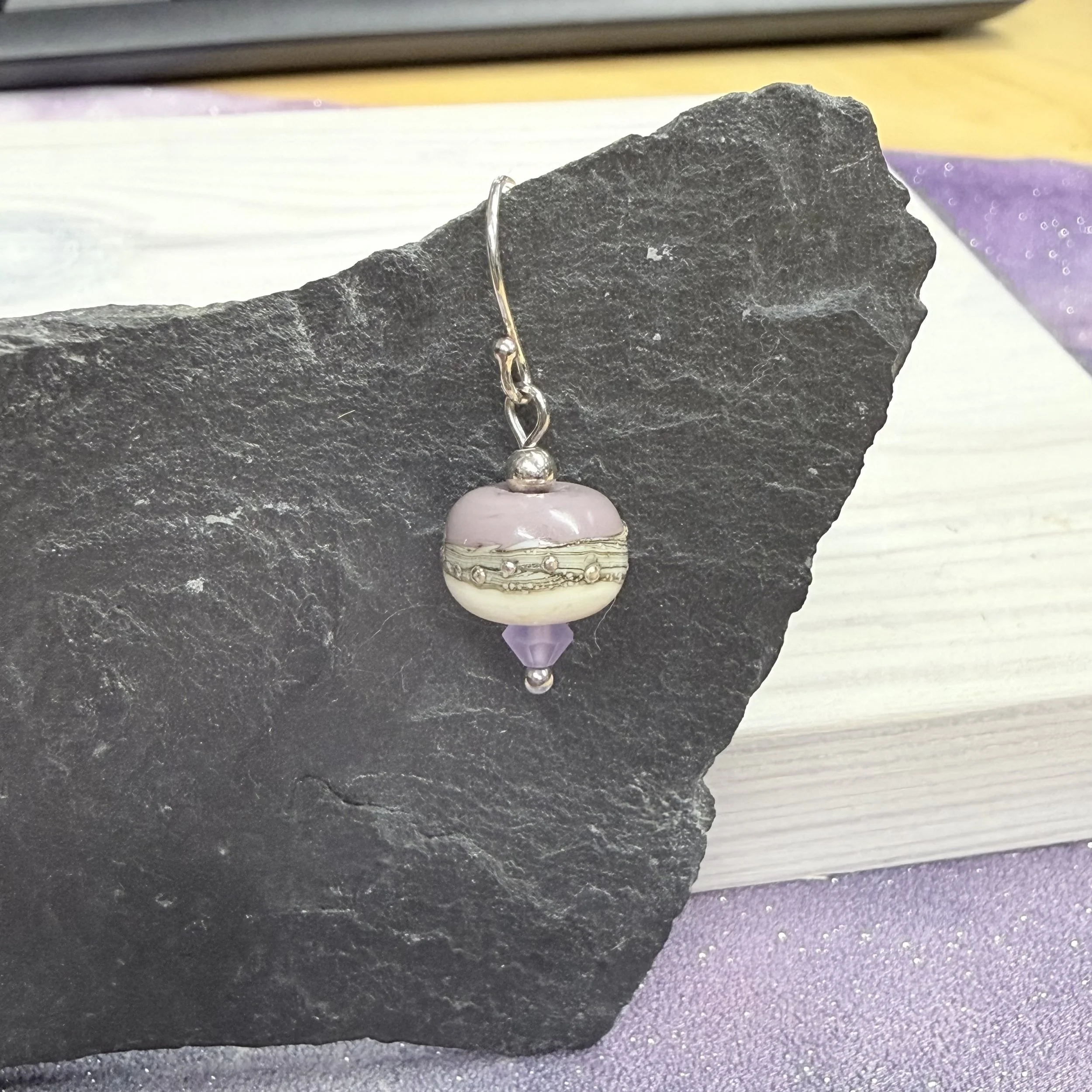 Cream & lilac lampwork beads on sterling silver earwires
