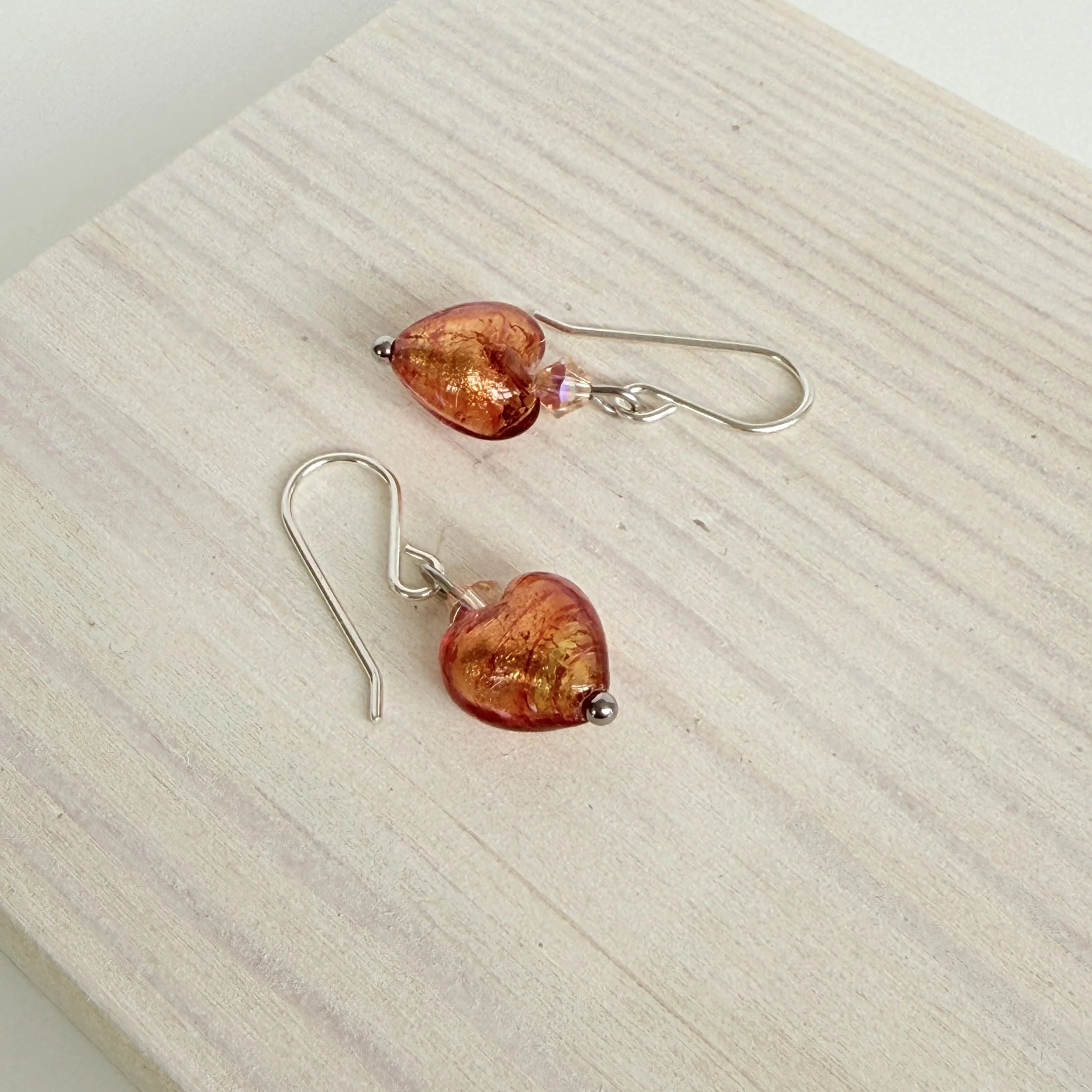 Peachy Murano hearts on sterling silver earwires