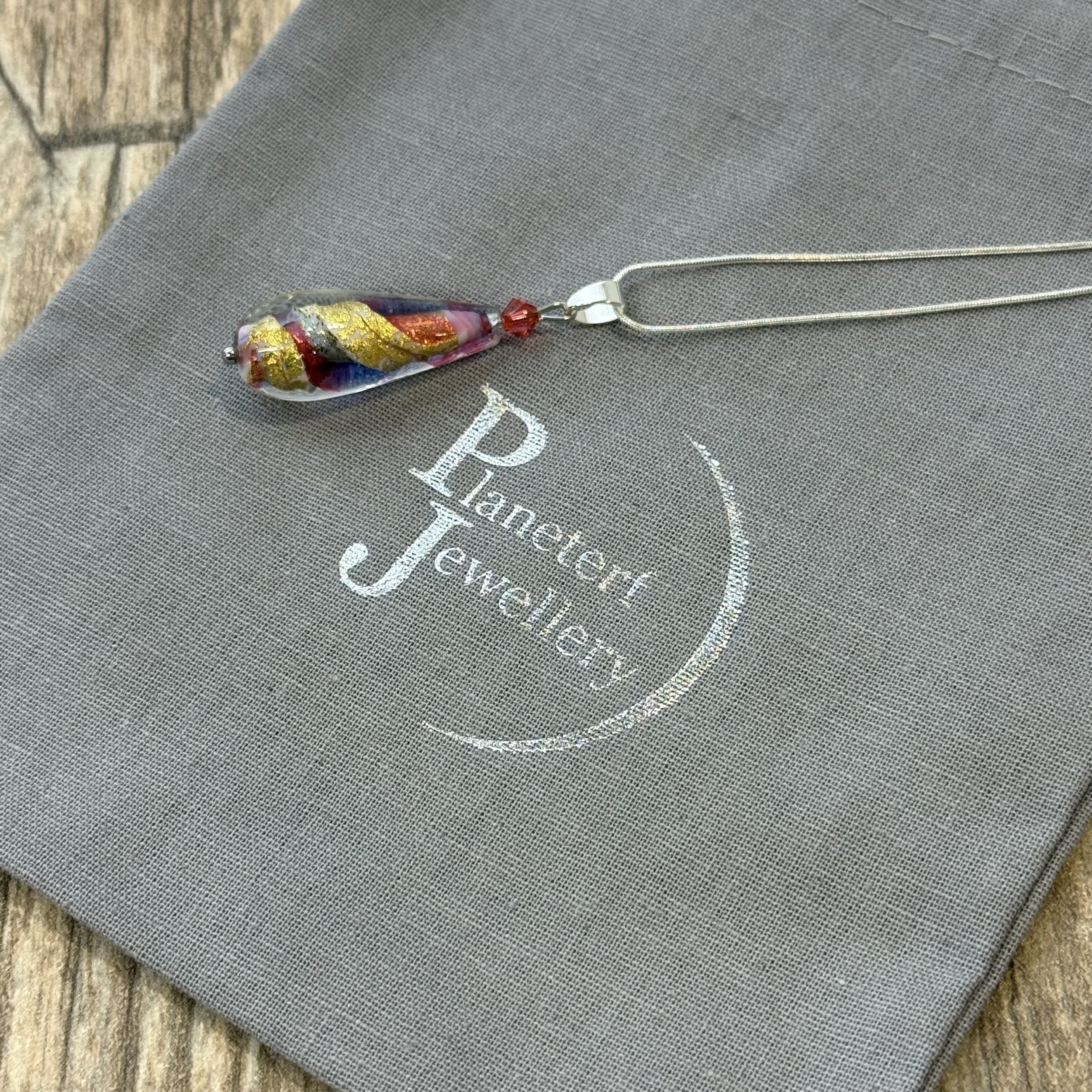 Multi-Coloured Murano glass peardrop on sterling silver chain