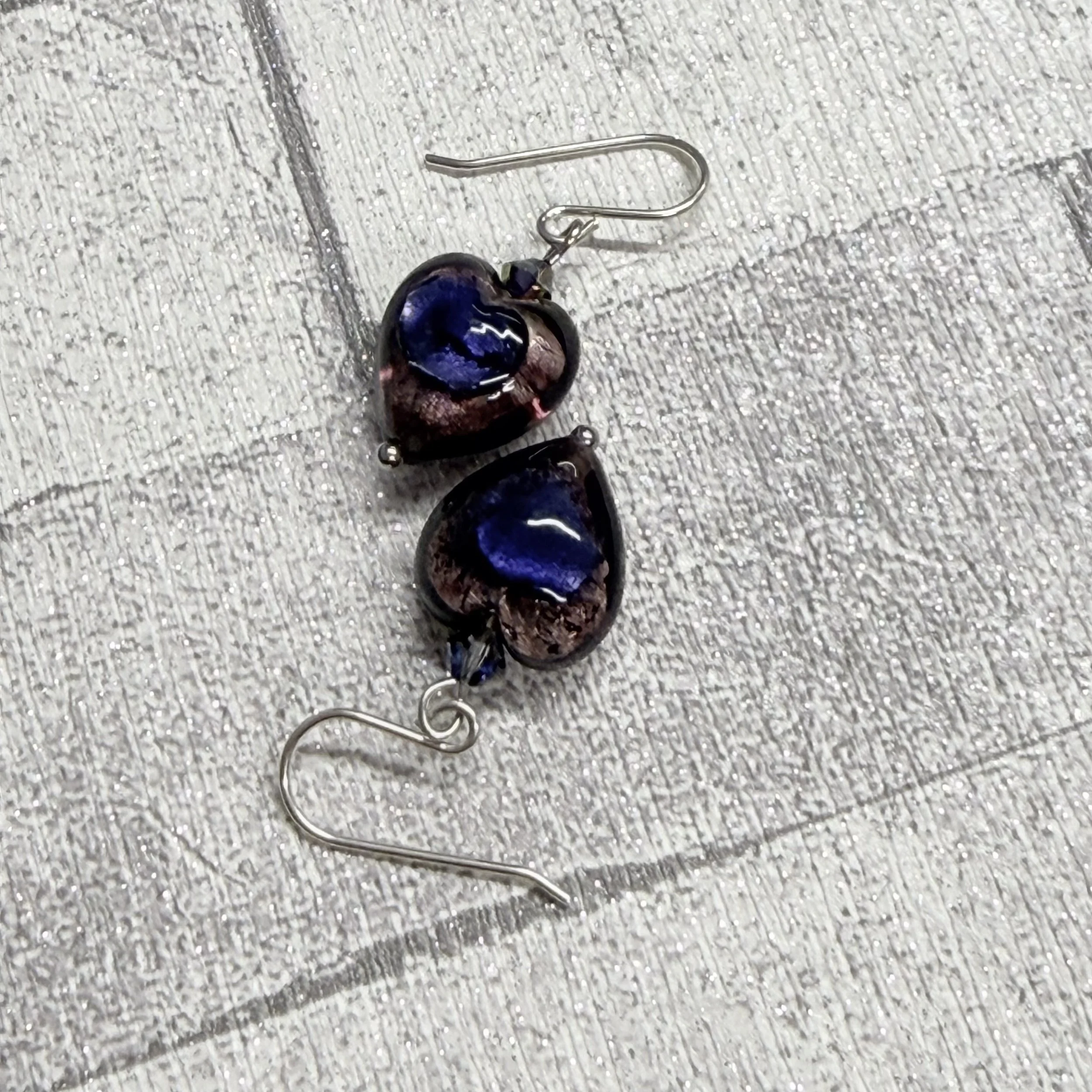 Pink & purple Murano hearts on sterling silver earwires