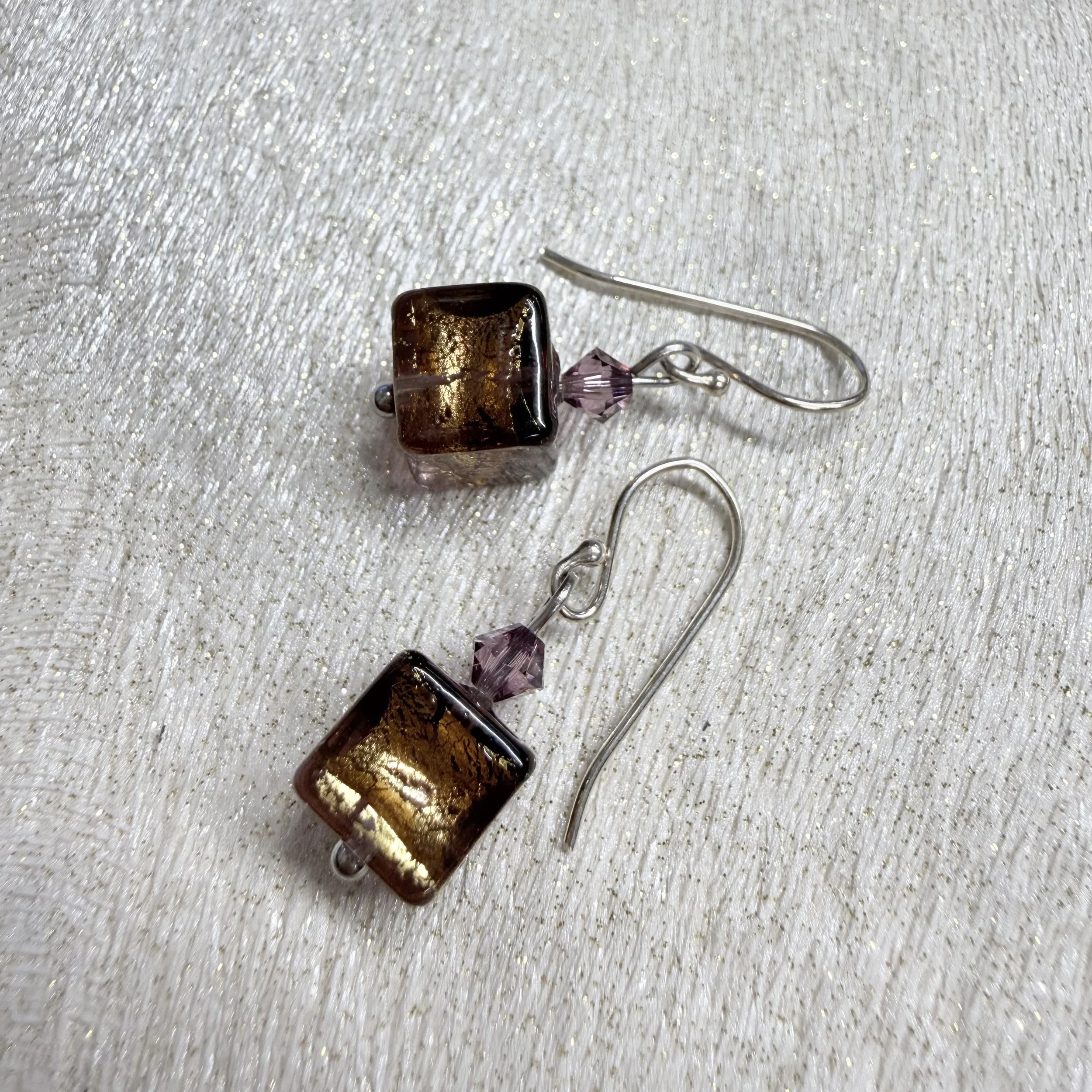 Plum Murano cubes on sterling silver earwires