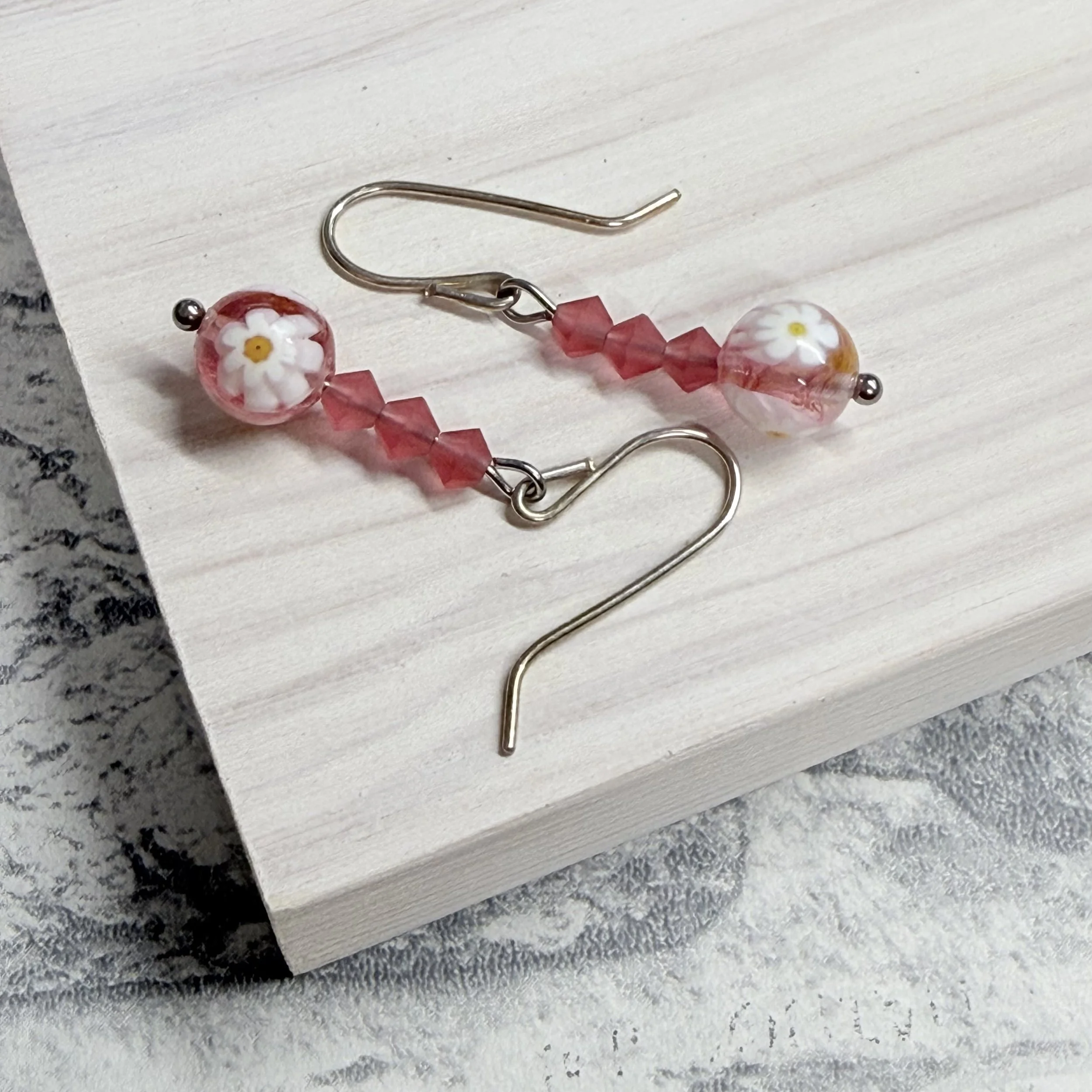 Pink Murano daisy beads on sterling silver earwires