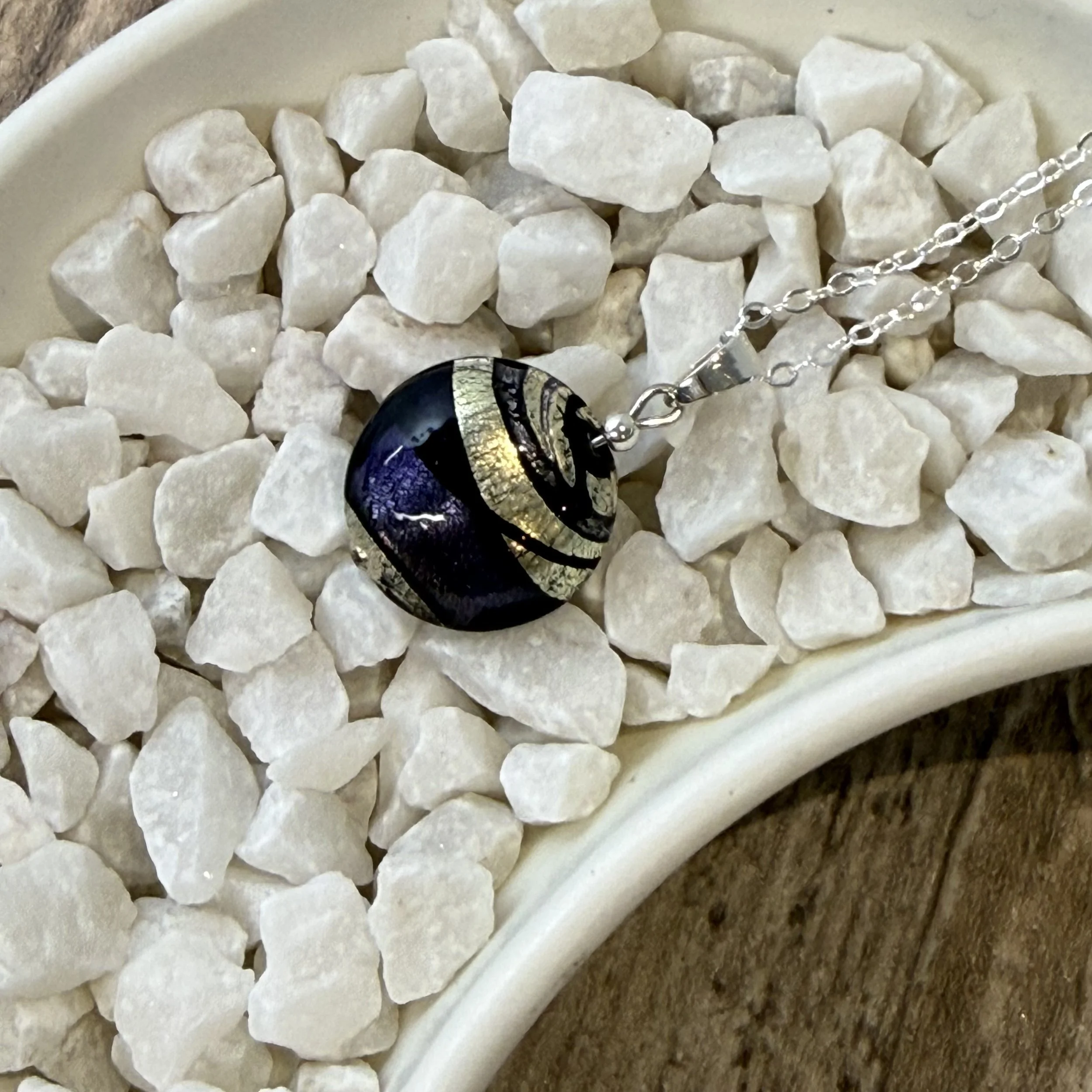 Purple, black & silver Murano glass on sterling silver chain