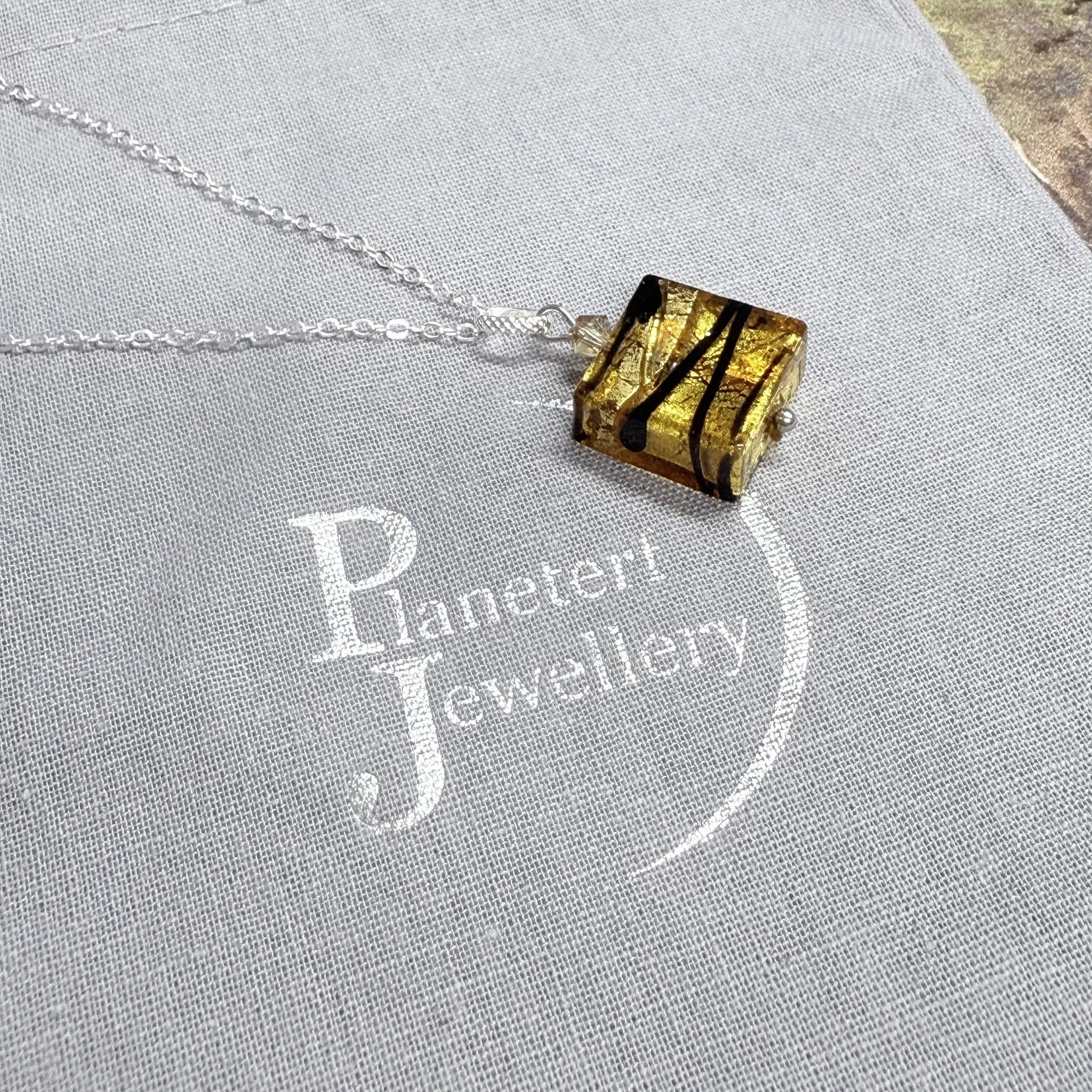 Gold & black Murano square on sterling silver chain