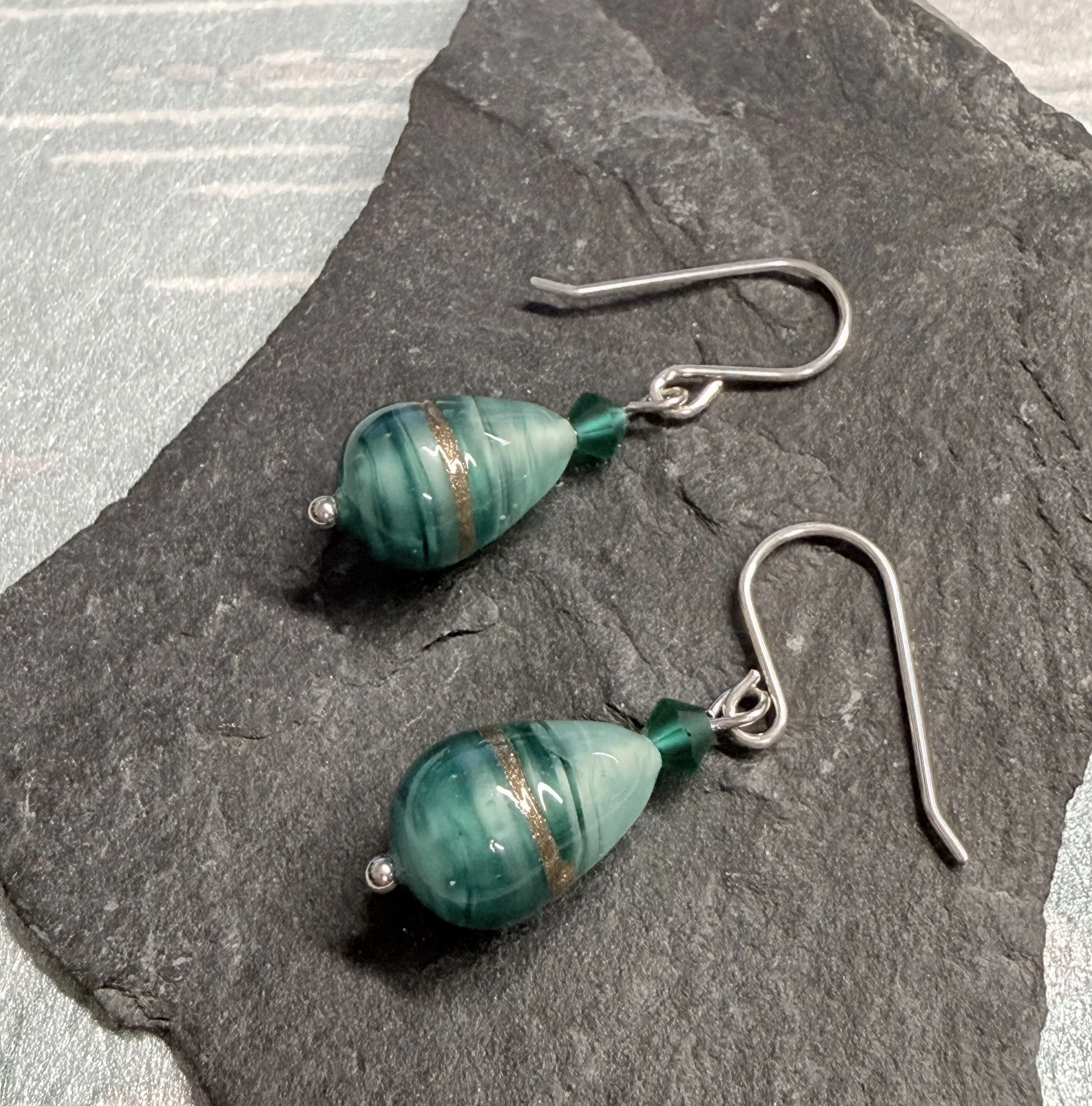 Green Murano teardrops on sterling silver earwires