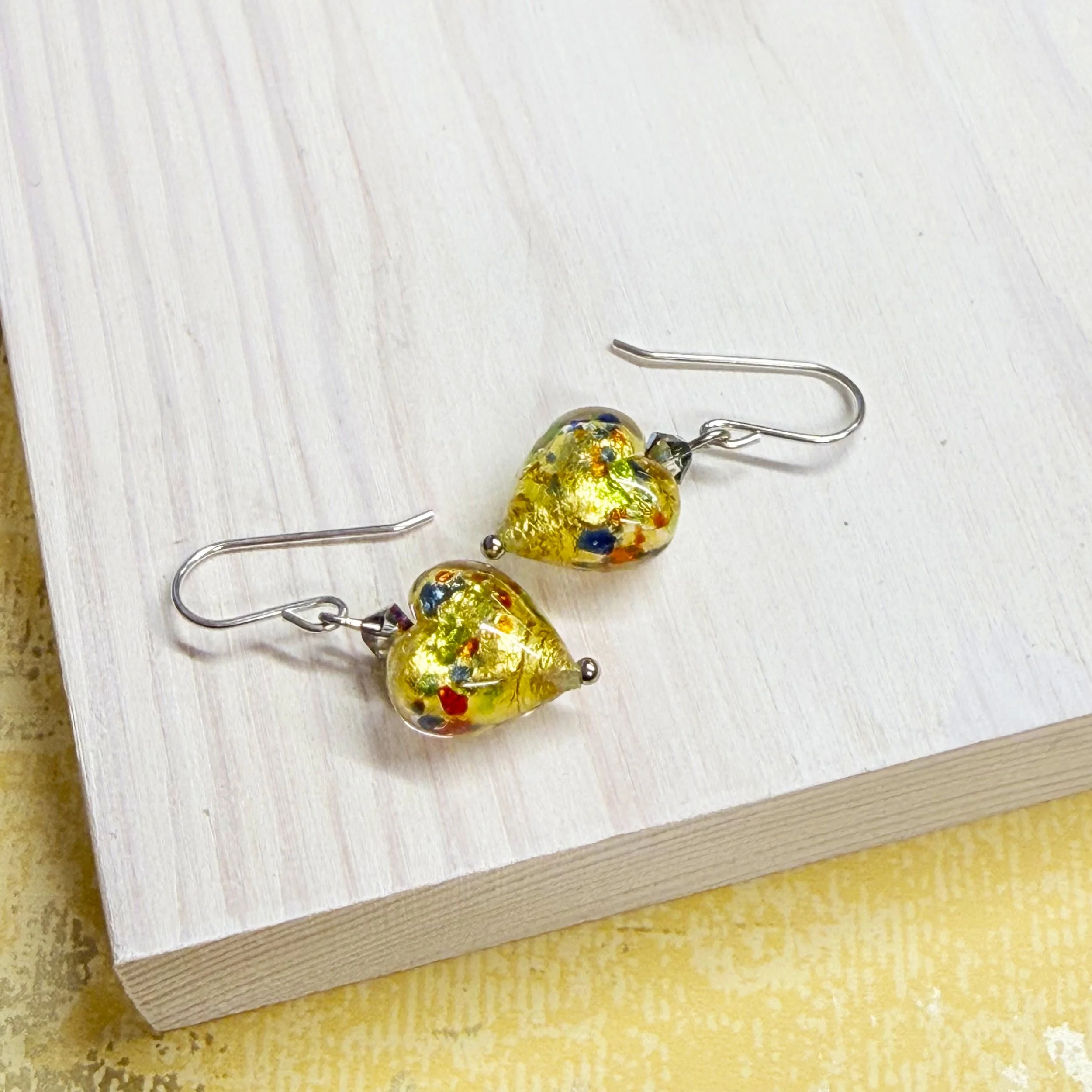 Goldfoil Murano hearts on sterling silver earwires
