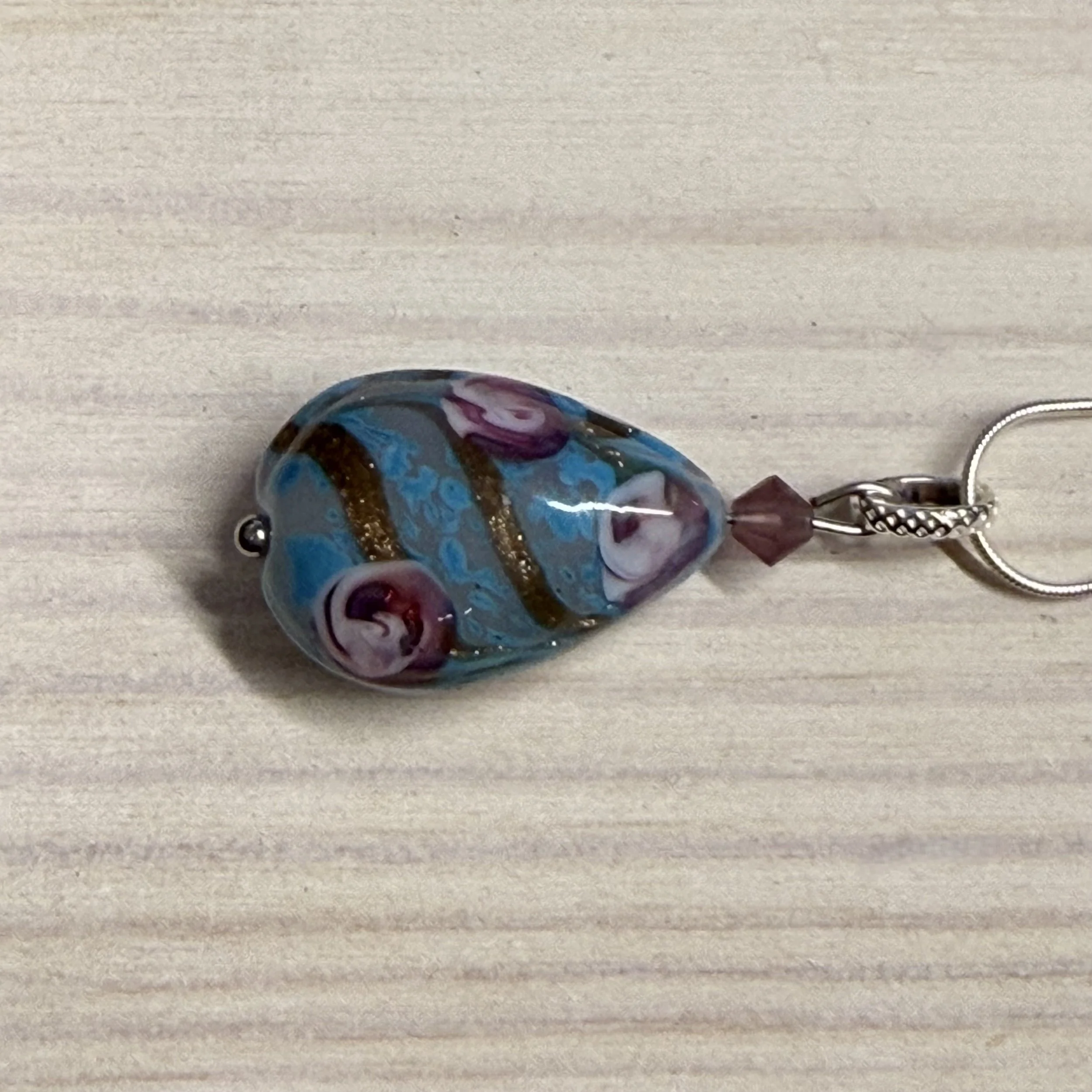 Blue & pink Murano peardrop on sterling silver chain