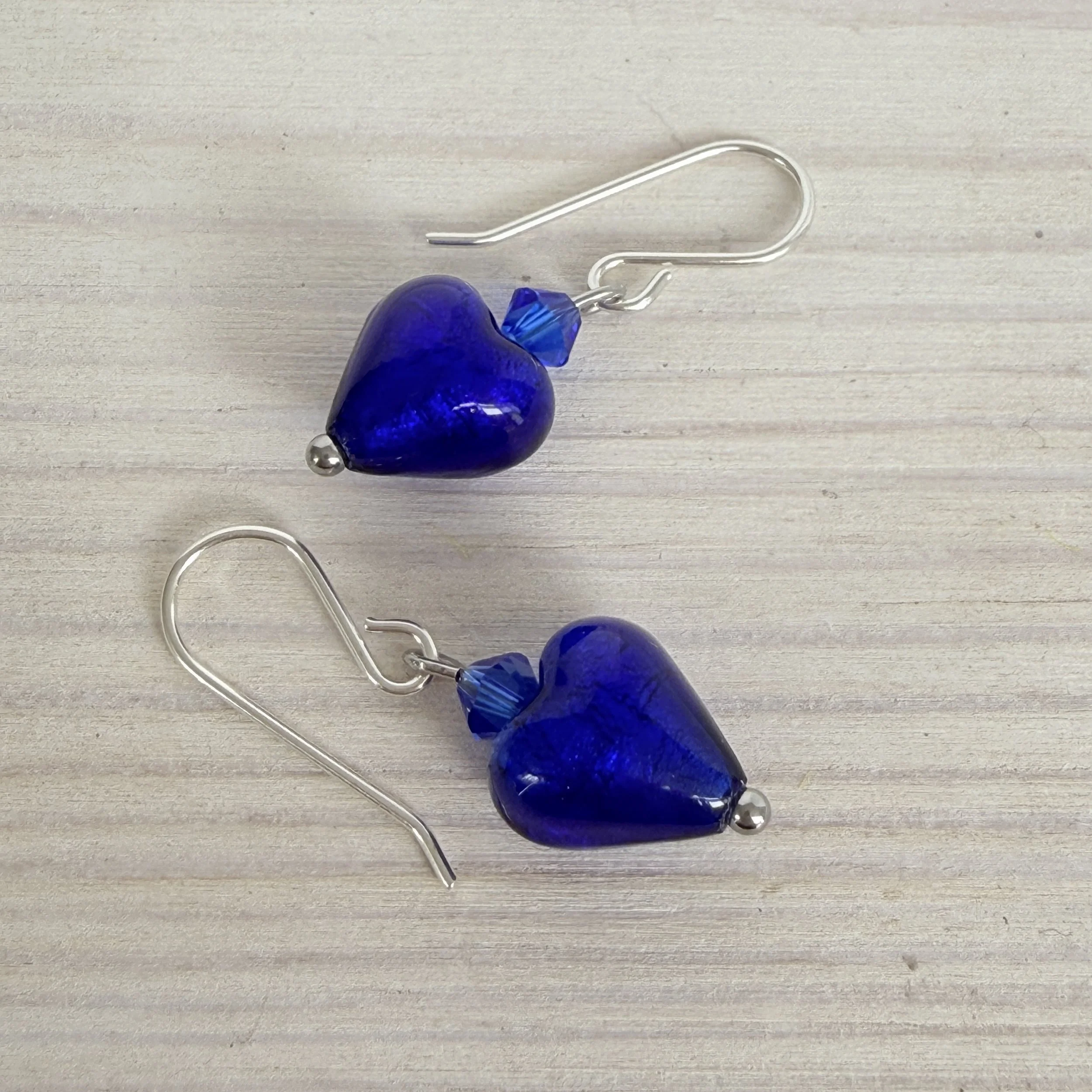 Royal blue Murano hearts on sterling silver earwires