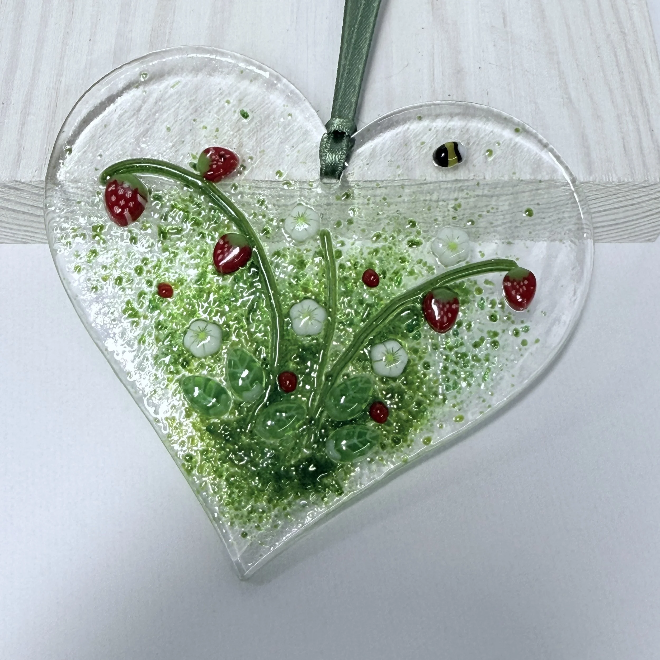 Strawberries Fused Glass Heart Lightcatcher