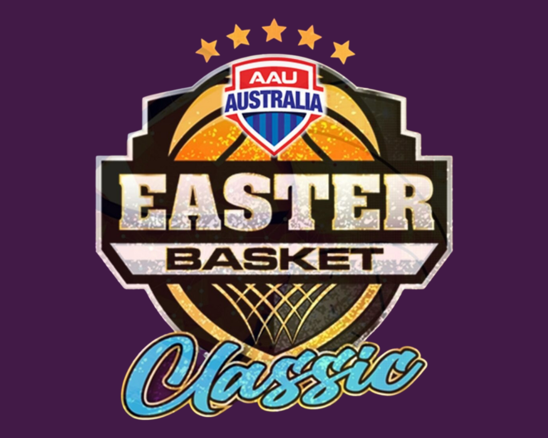 Easter basketball tournament logo with an AU Australia emblem, basketball, stars, and the text "Easter Basket Classic" on a purple background.