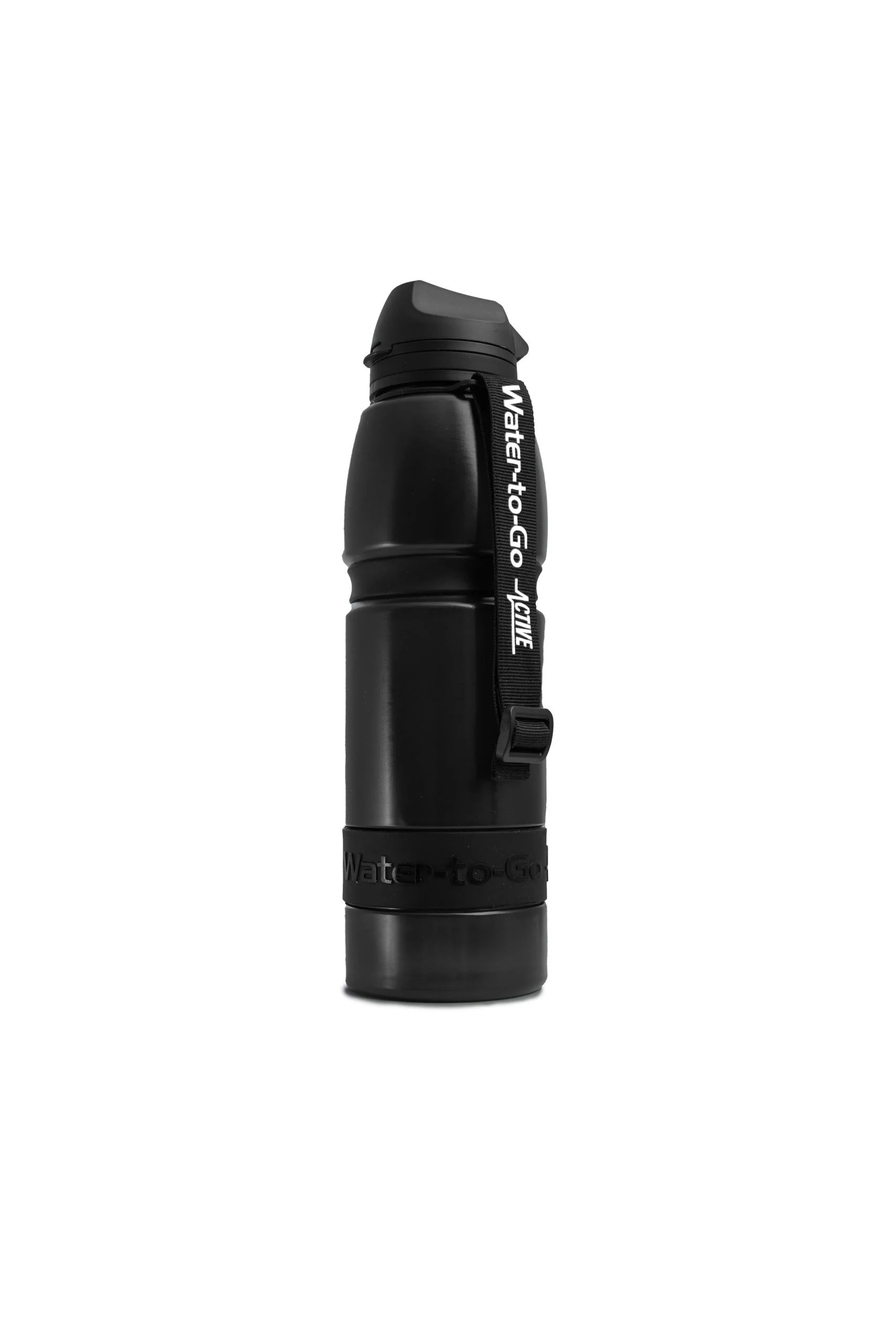 Black reusable water bottle with a black strap that has white text reading "water-to-Go." The bottle appears designed for outdoor or active use.