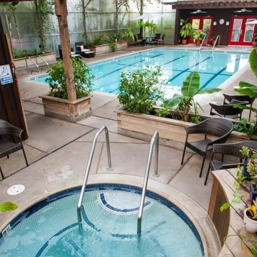 Indoor pool and hot tub area with seating and plants.