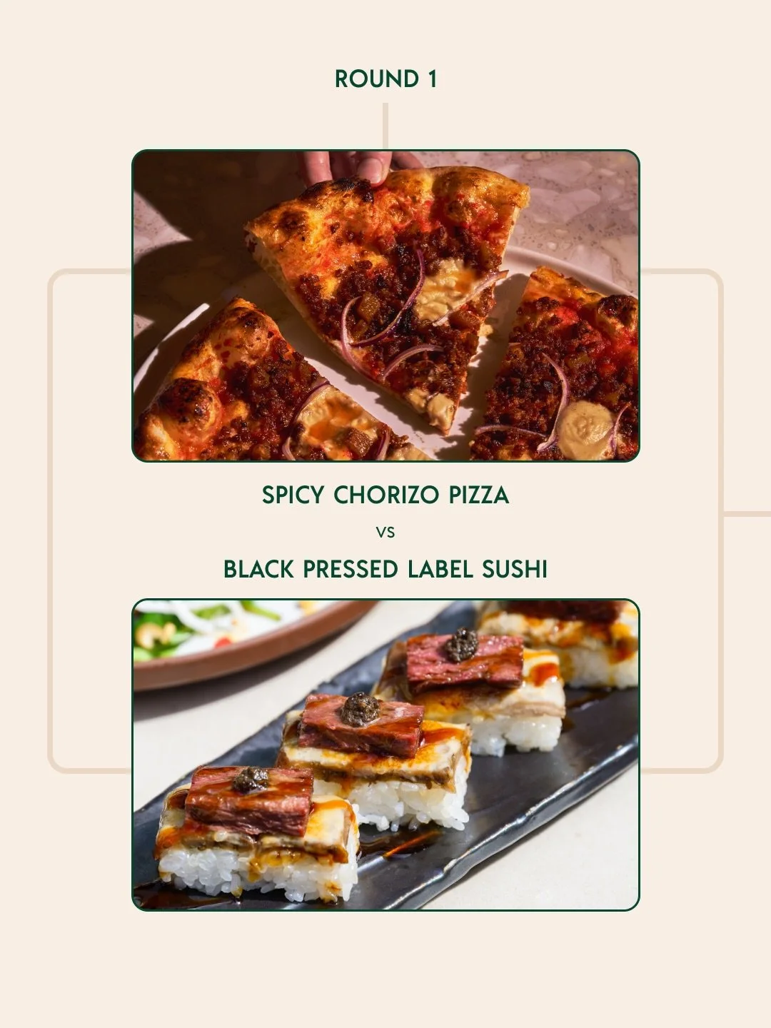 Flyer advertising a food contest featuring Spicy Chorizo Pizza and Black Pressed Label Sushi, each with an image of the respective dish.