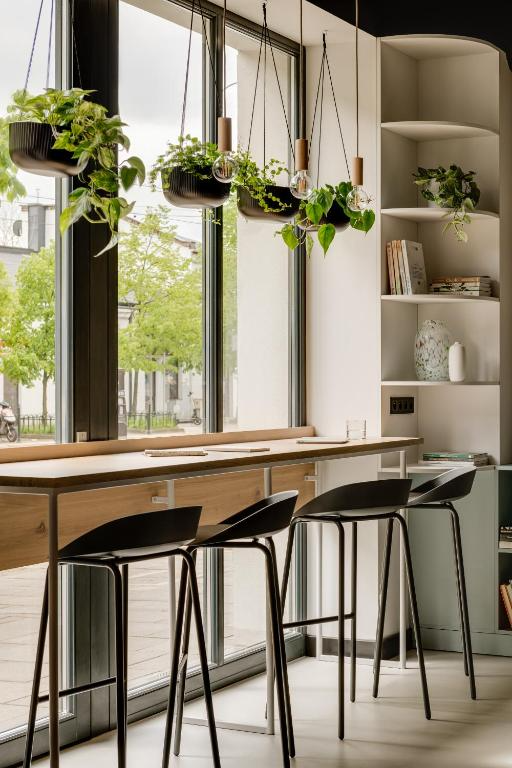 Indoor cafe or kitchen area with a wooden counter and three black bar stools, large floor-to-ceiling windows with trees outside, hanging potted plants, and built-in white shelves with decorative items and books.