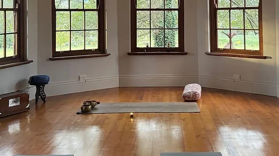 Empty yoga or meditation room with large windows, a yoga mat, a pink pillow, and small meditation items on the floor.