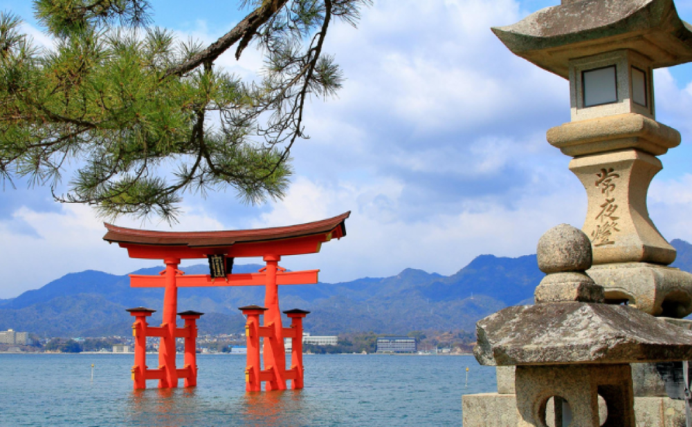 A red torii gate in the water with mountains in the background, a tree branch overhead, and a stone lantern in the foreground.