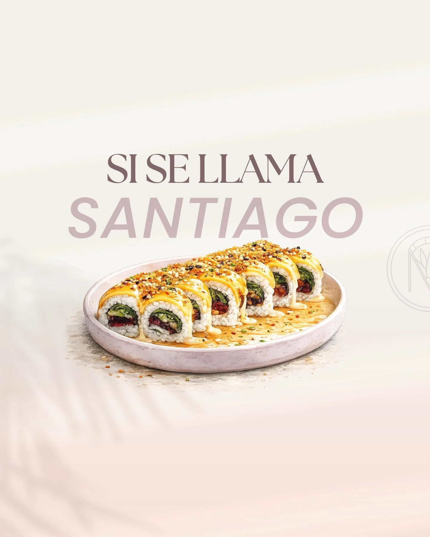 Plate of sushi rolls topped with sauce and garnishes, on a light-colored surface.