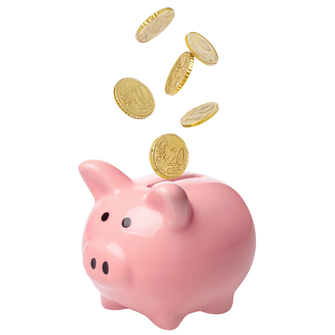 Pink piggy bank with falling euro coins.