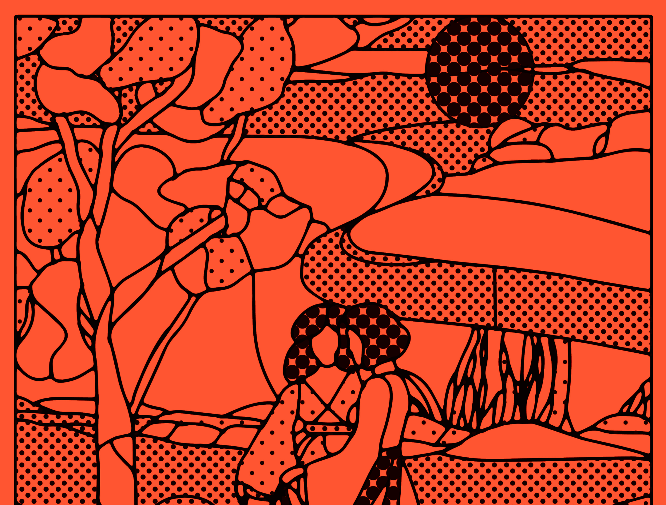 Abstract orange, black, and red pop art style image with irregular shapes outlined in black, some filled with black dots and some with solid color, creating a collage-like appearance.