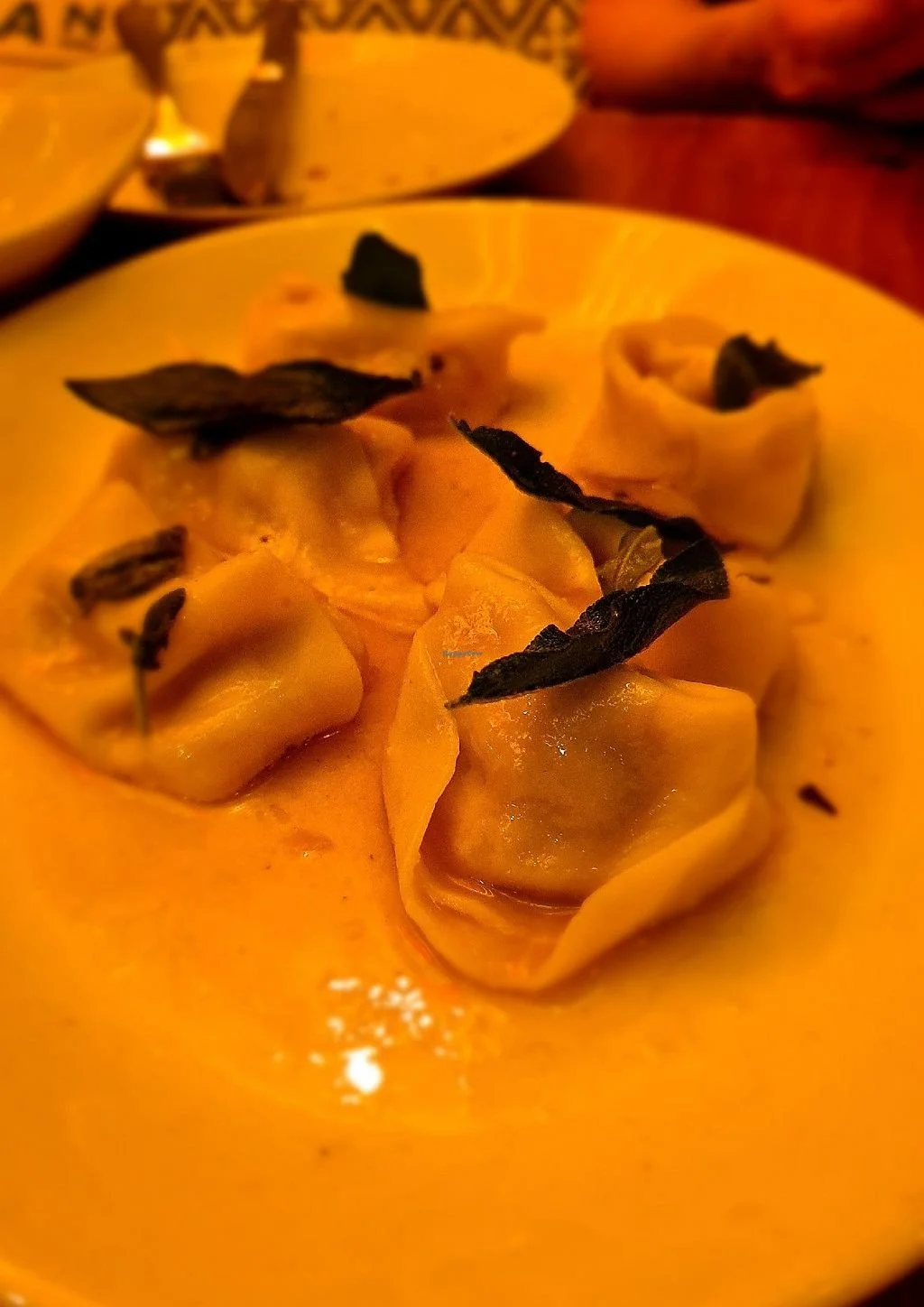 Close-up of a plate of yellow dumplings garnished with black herbs or leaves.